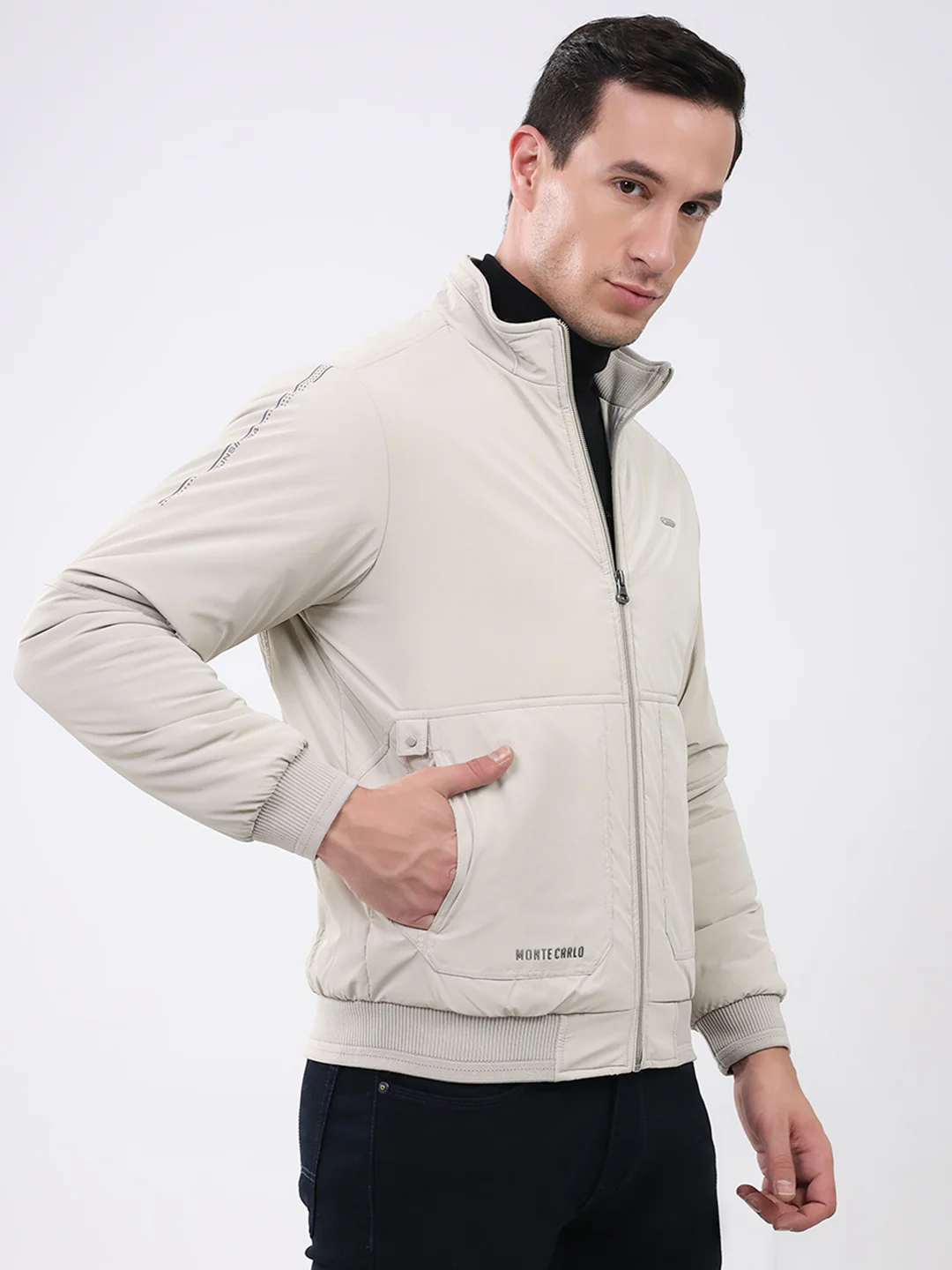 Men Cream Solid Mock Neck Full Sleeve Jacket - Image 4