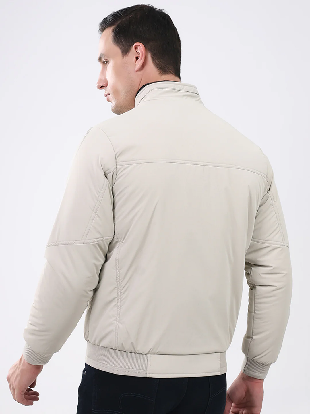 Men Cream Solid Mock Neck Full Sleeve Jacket - Image 5