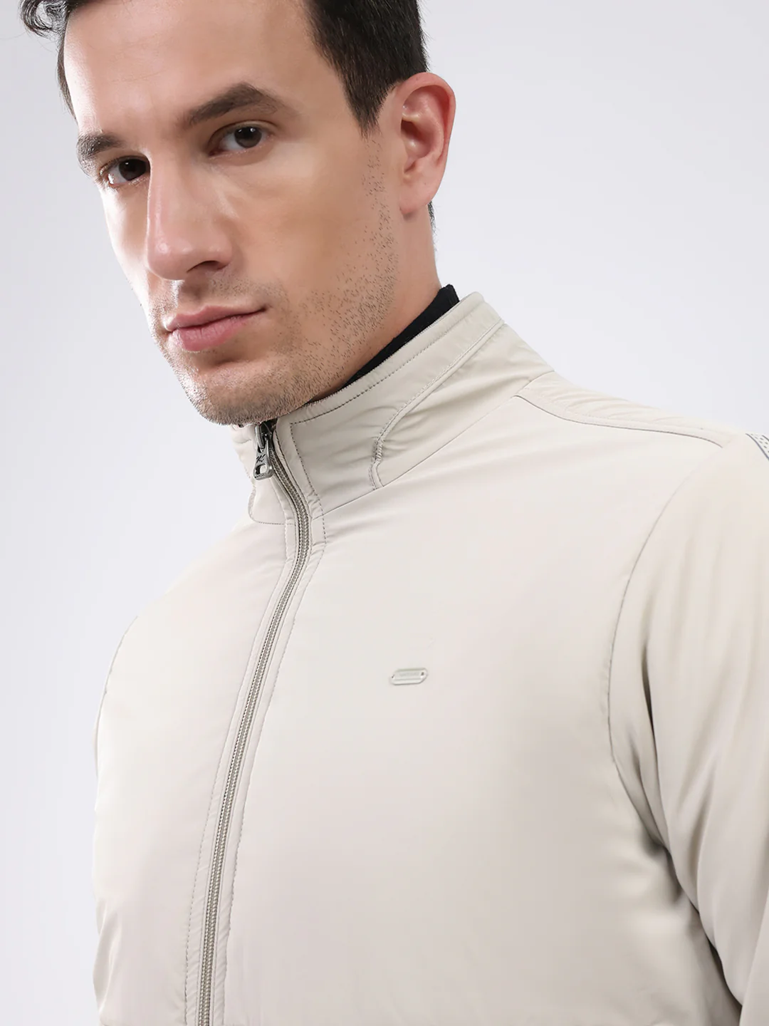 Men Cream Solid Mock Neck Full Sleeve Jacket - Image 6