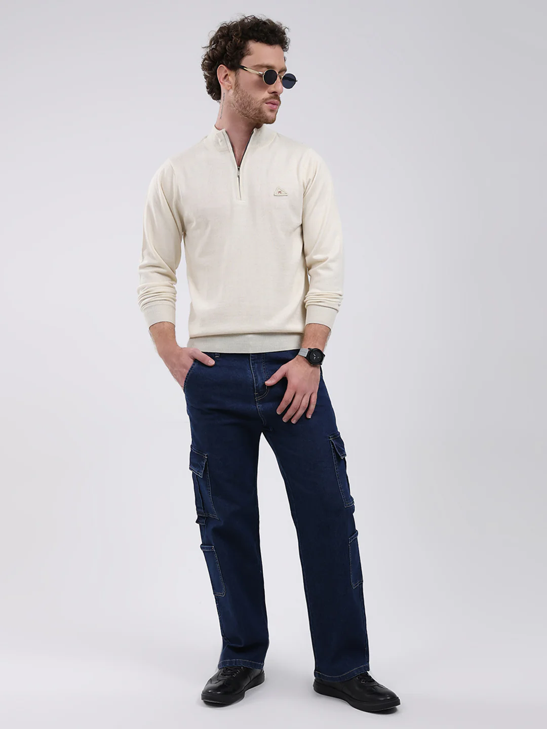 Men Cream Solid Mock Neck Full Sleeve Pullover - Image 2