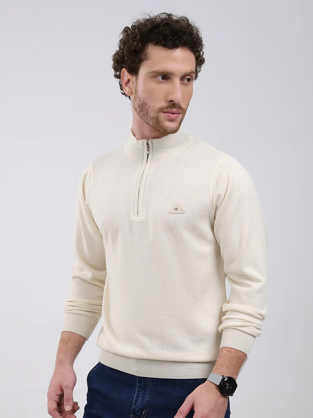 Men Cream Solid Mock Neck Full Sleeve Pullover - Image 3
