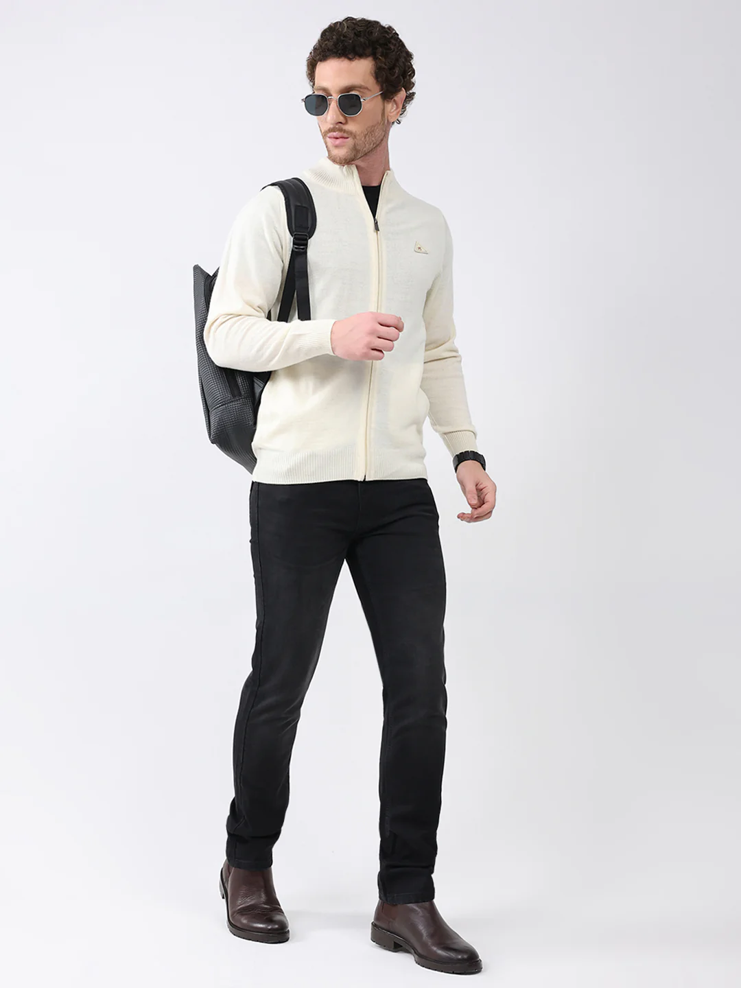 Men Cream Solid Mock Neck Full Sleeve Pullover - Image 2