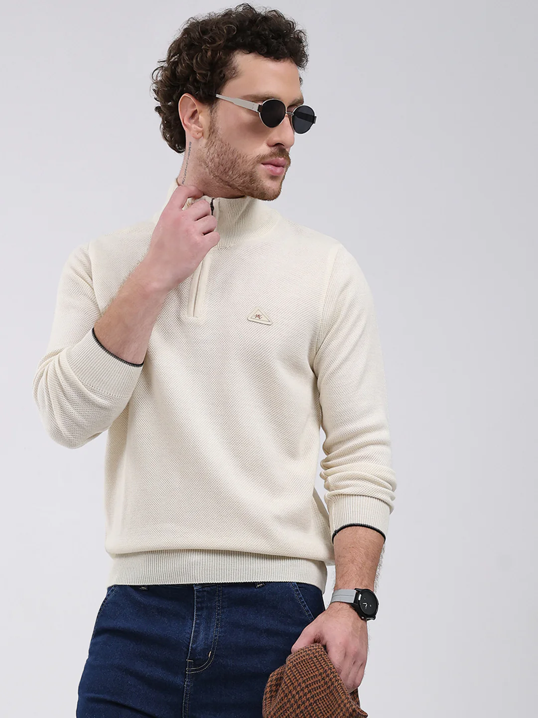 Men Cream Solid Mock Neck Full Sleeve Pullover - Image 6