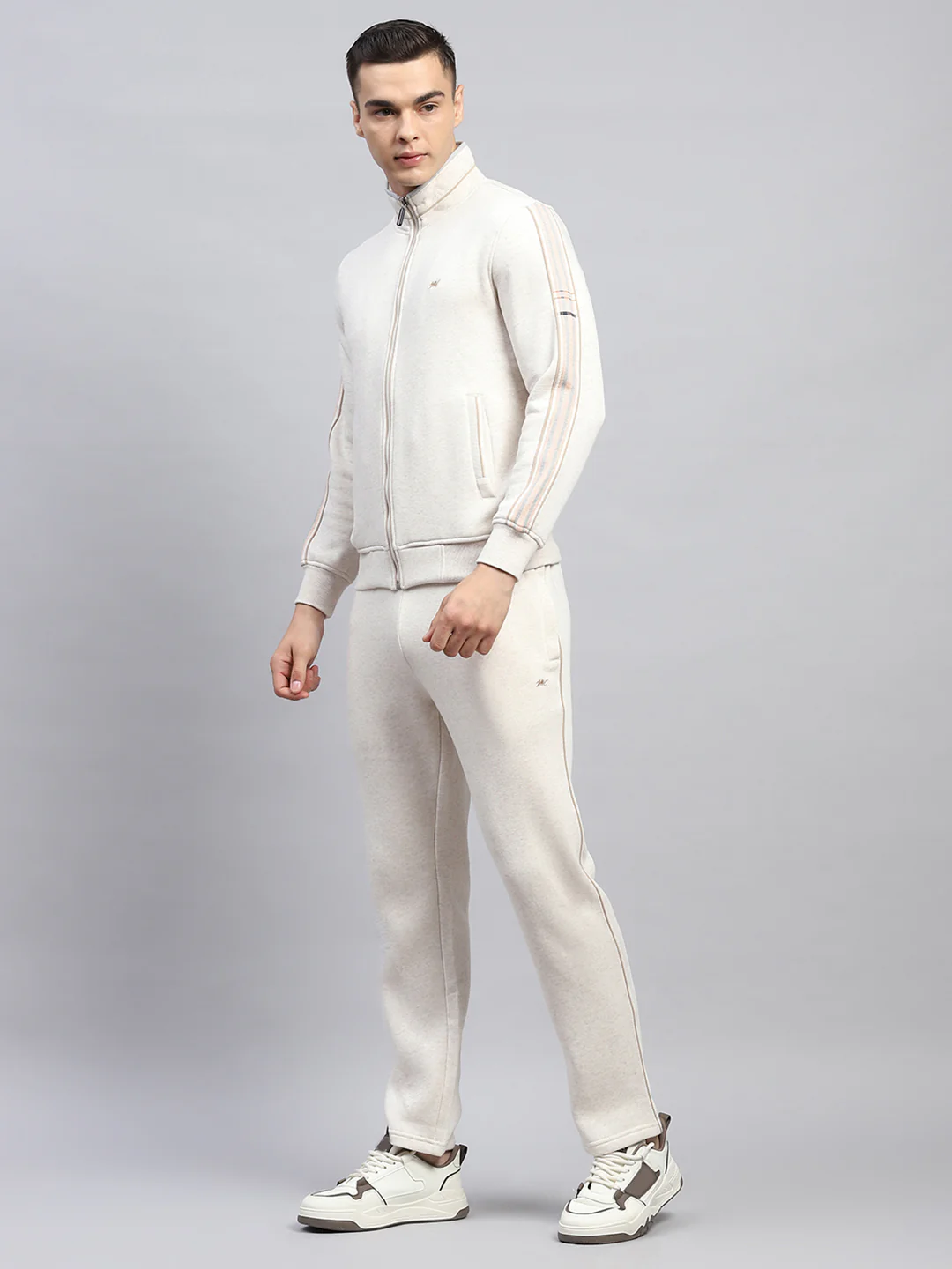 Men Cream Solid Mock Neck Full Sleeve Winter Tracksuit - Image 3