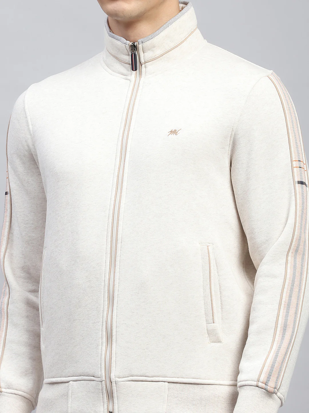 Men Cream Solid Mock Neck Full Sleeve Winter Tracksuit - Image 6