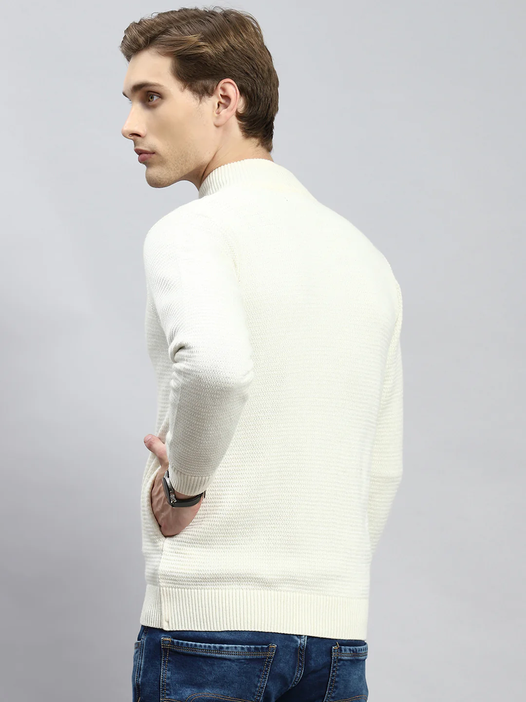 Men Cream Solid Pullover - Image 5