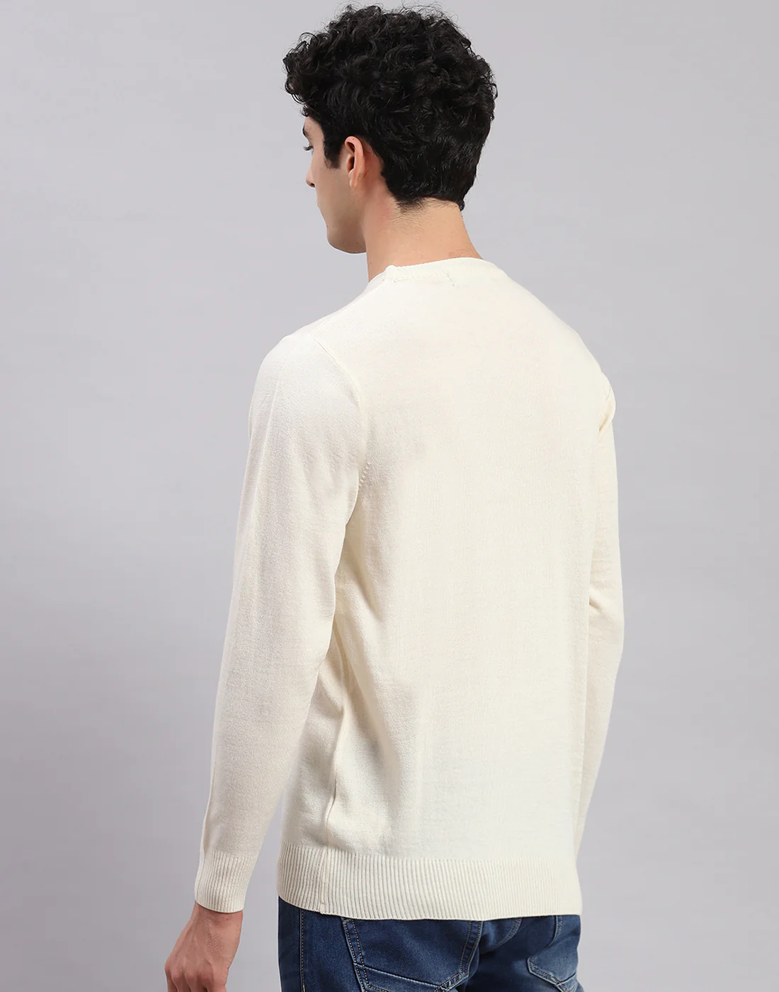 Men Cream Solid Round Neck Full Sleeve Pullover - Image 5