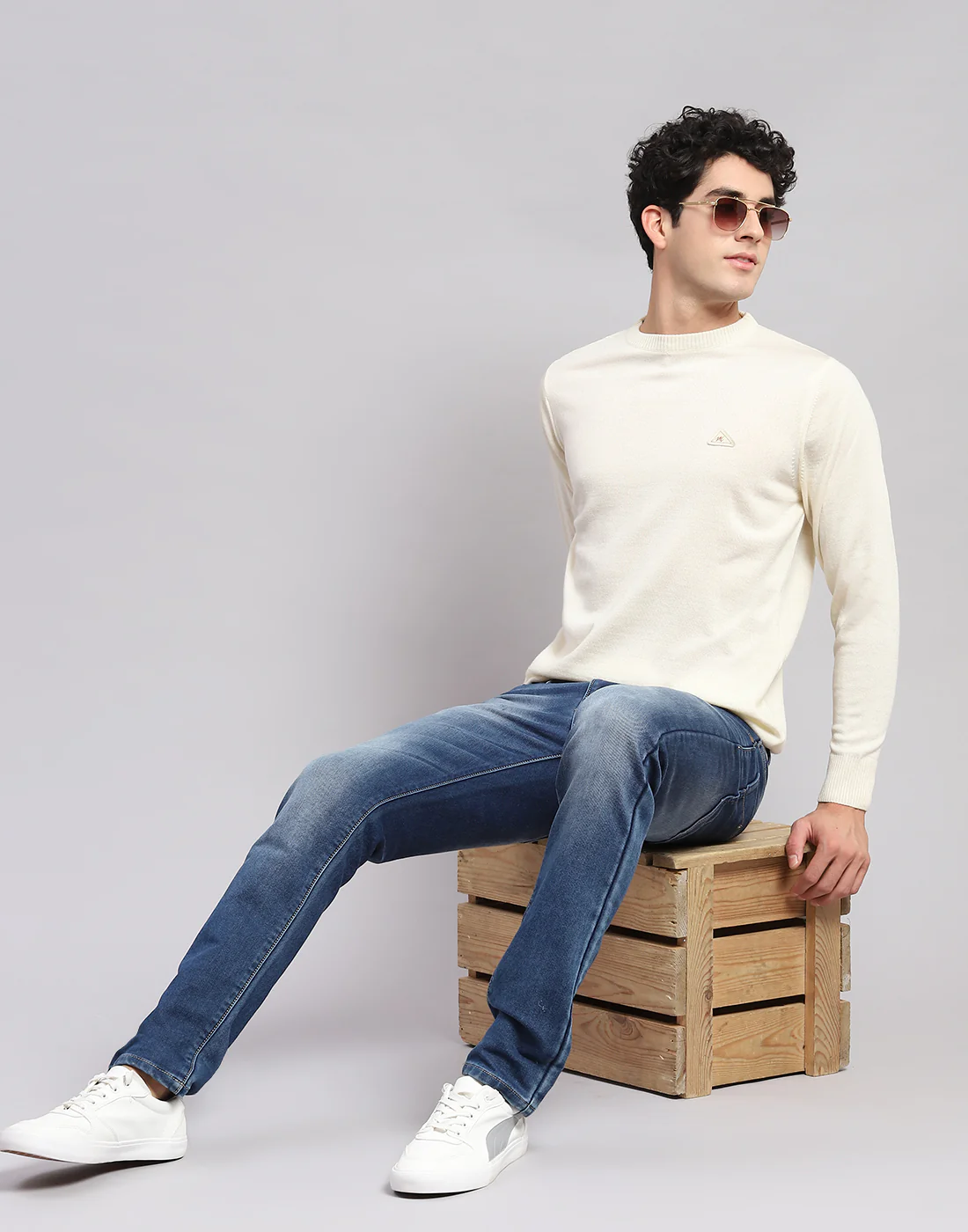 Men Cream Solid Round Neck Full Sleeve Pullover - Image 6