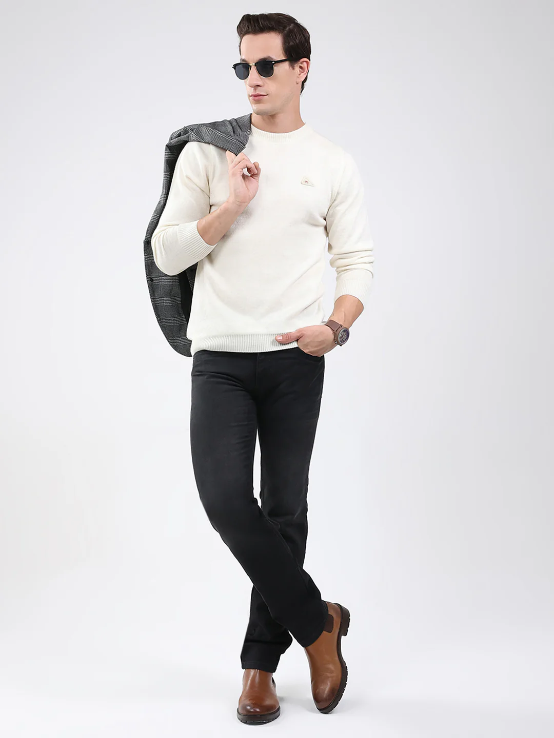 Men Cream Solid Round Neck Full Sleeve Pullover - Image 2