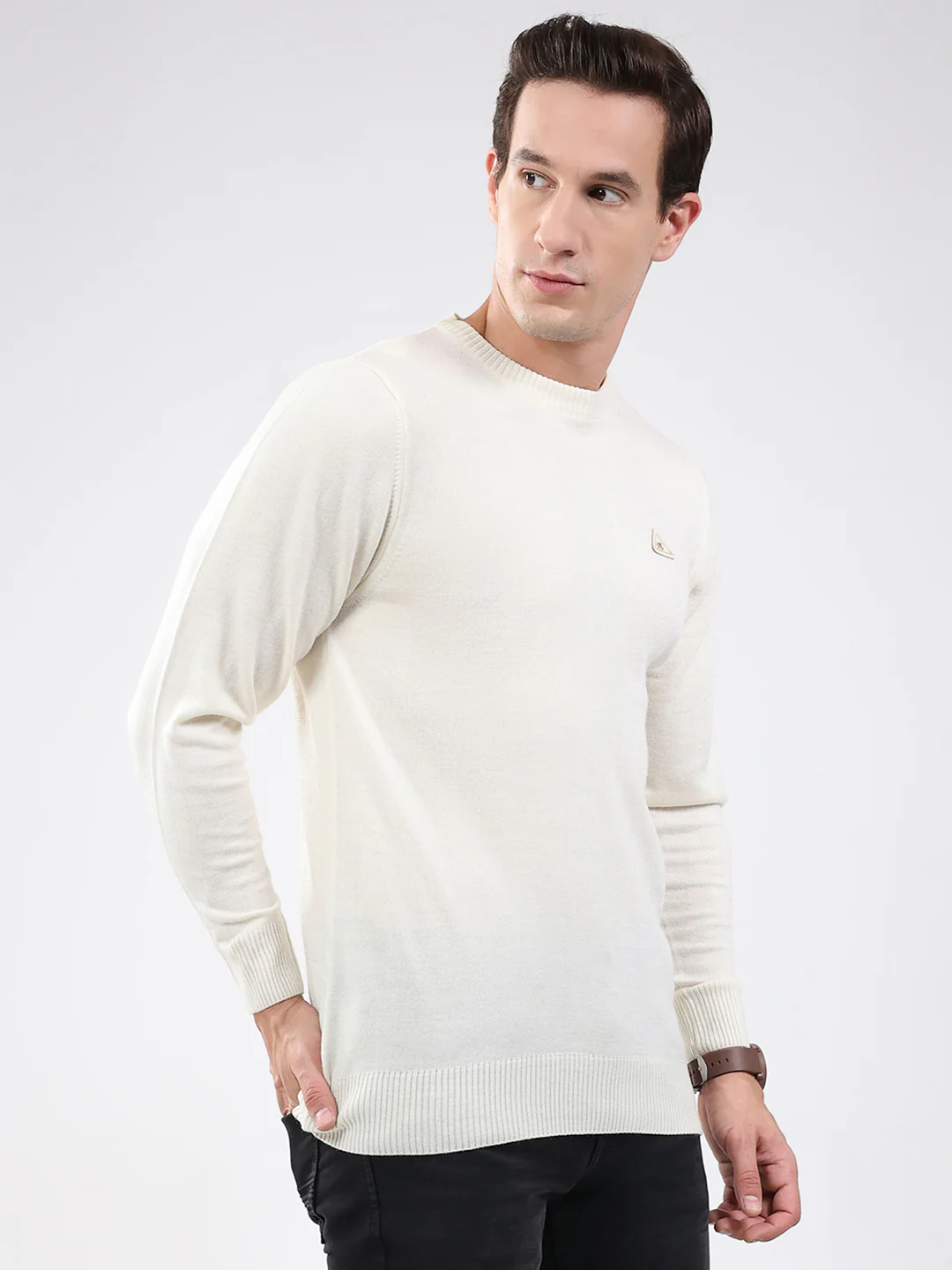 Men Cream Solid Round Neck Full Sleeve Pullover - Image 4