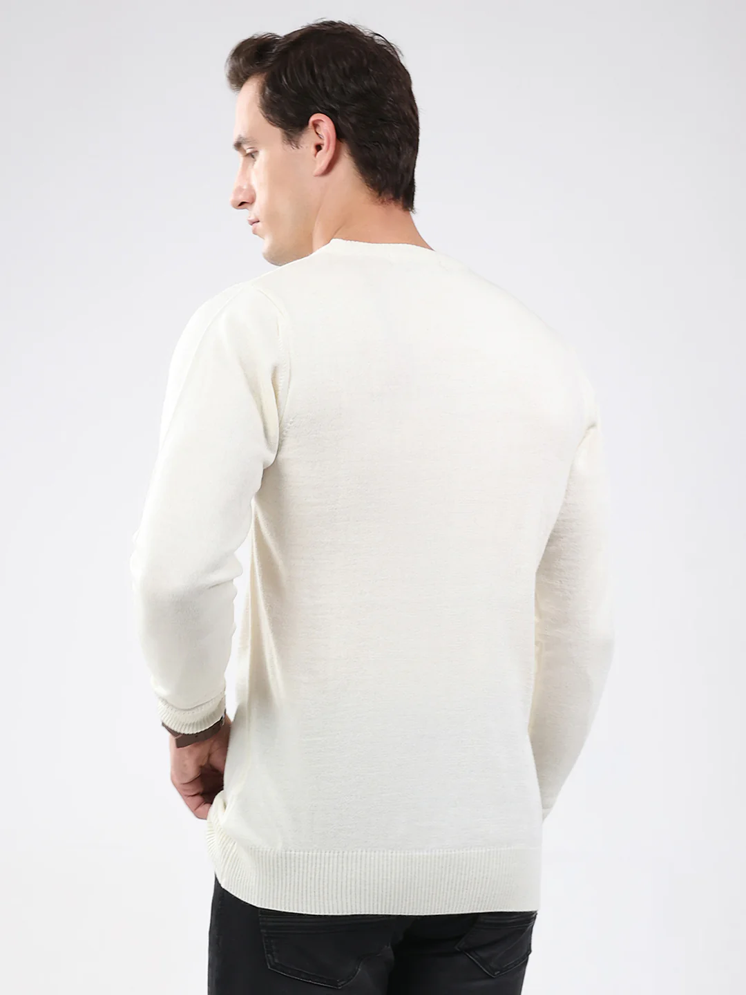Men Cream Solid Round Neck Full Sleeve Pullover - Image 5