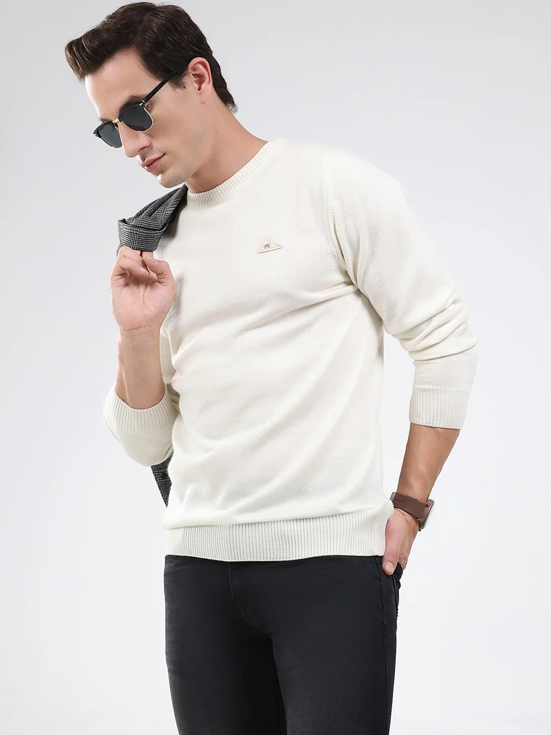 Men Cream Solid Round Neck Full Sleeve Pullover - Image 6