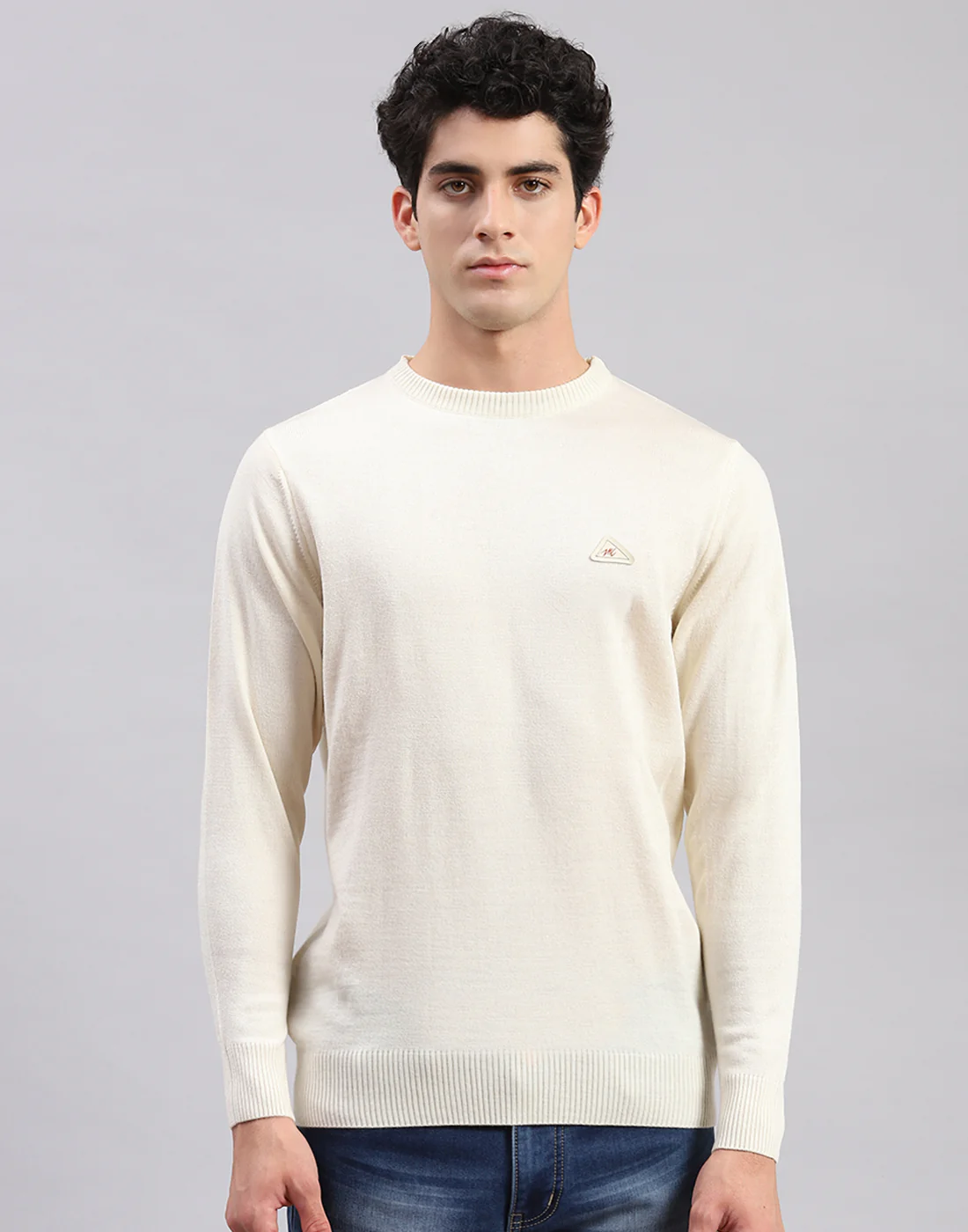 Men Cream Solid Round Neck Full Sleeve Sweaters/Pullovers - Image 2