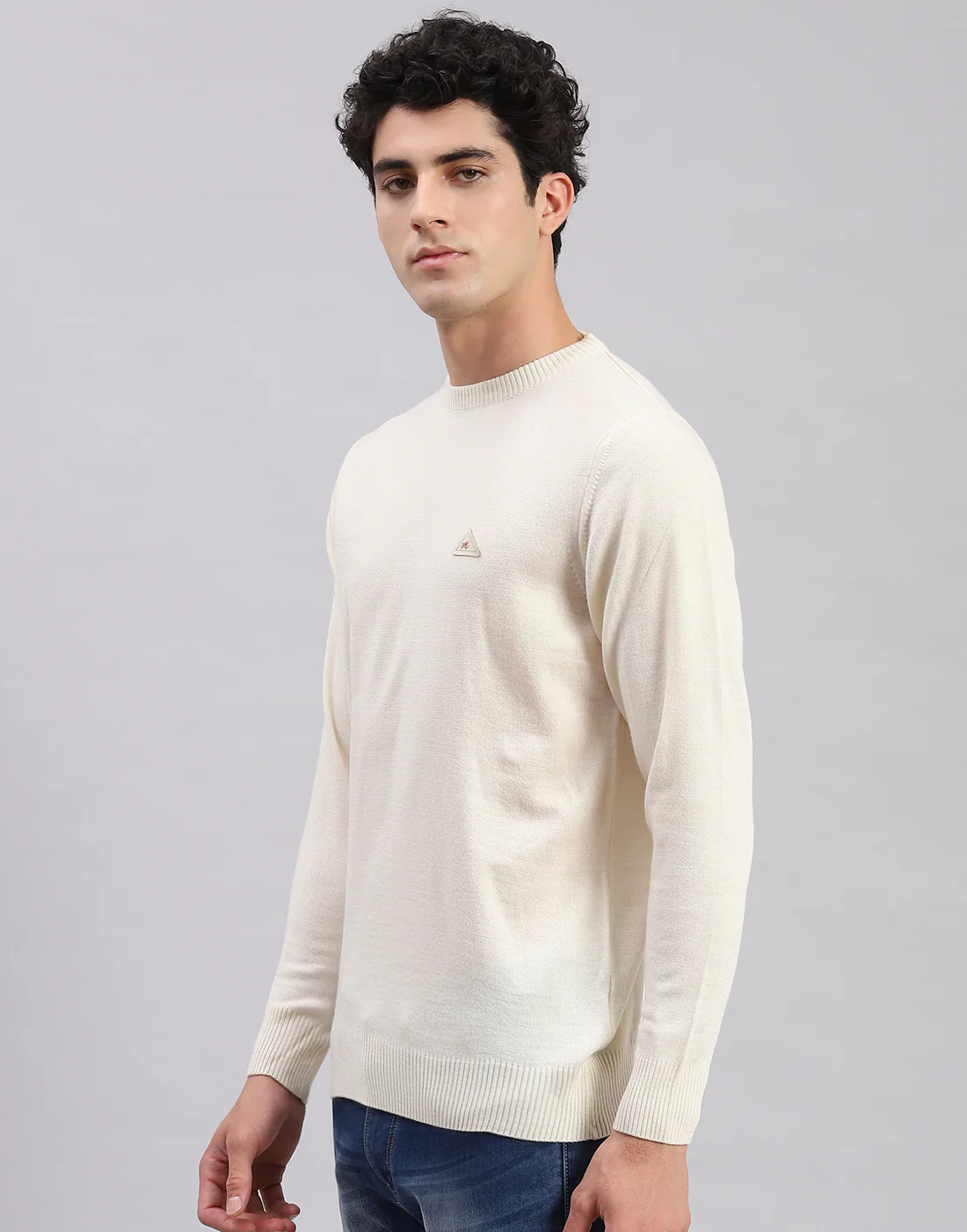 Men Cream Solid Round Neck Full Sleeve Sweaters/Pullovers - Image 3