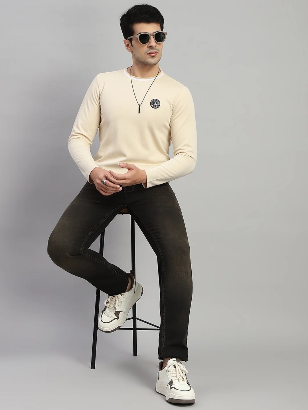 Rock.it Men Cream Solid Round Neck Full Sleeve T-Shirt