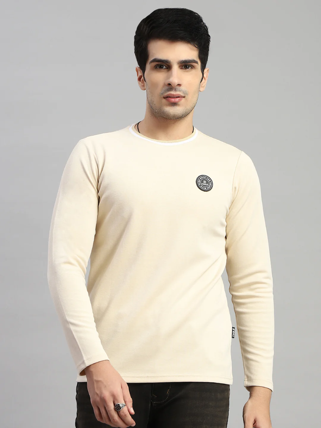 Rock.it Men Cream Solid Round Neck Full Sleeve T-Shirt - Image 2