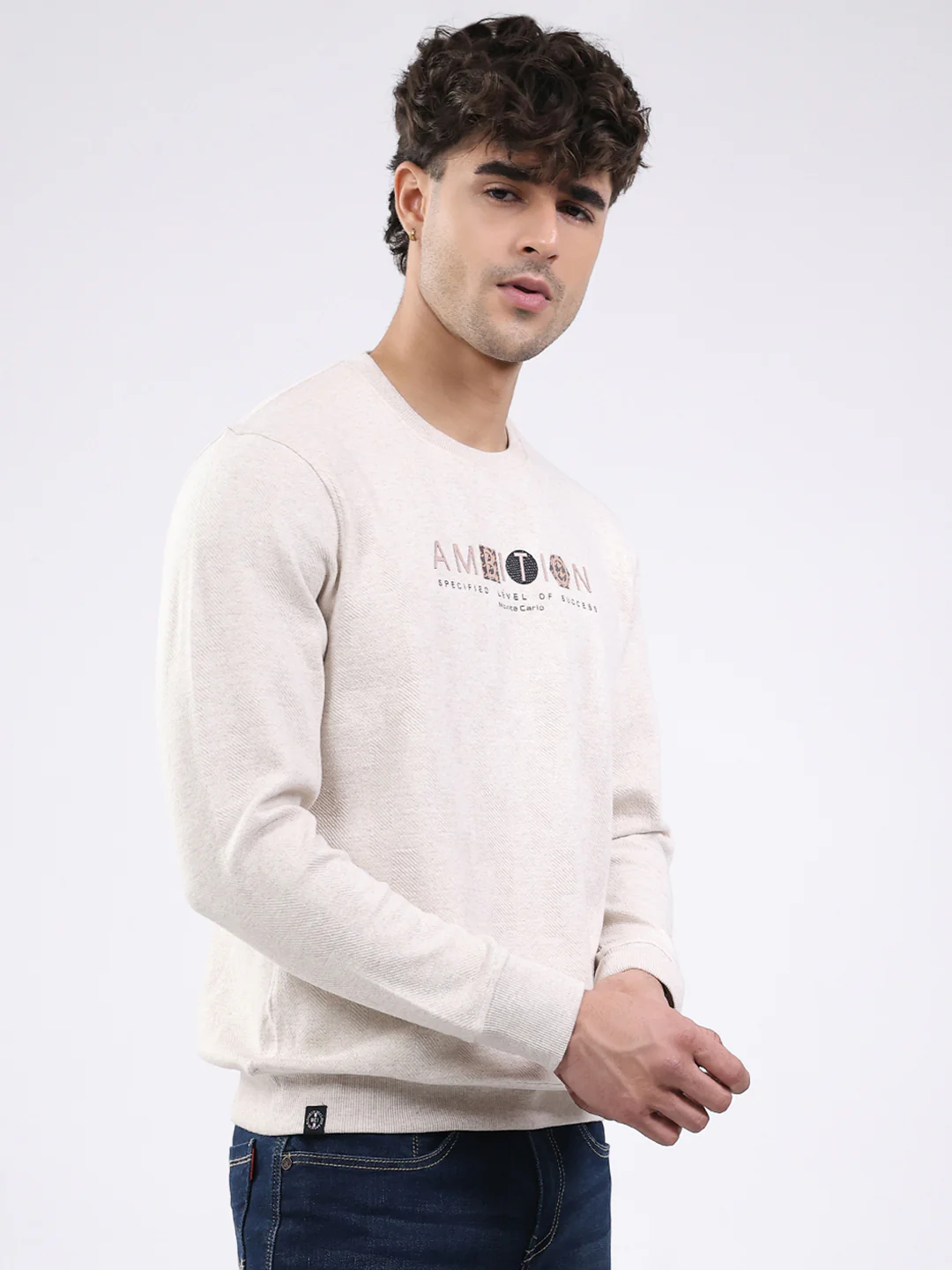 Men Cream Solid Round Neck Full Sleeve Winter T-Shirt - Image 4