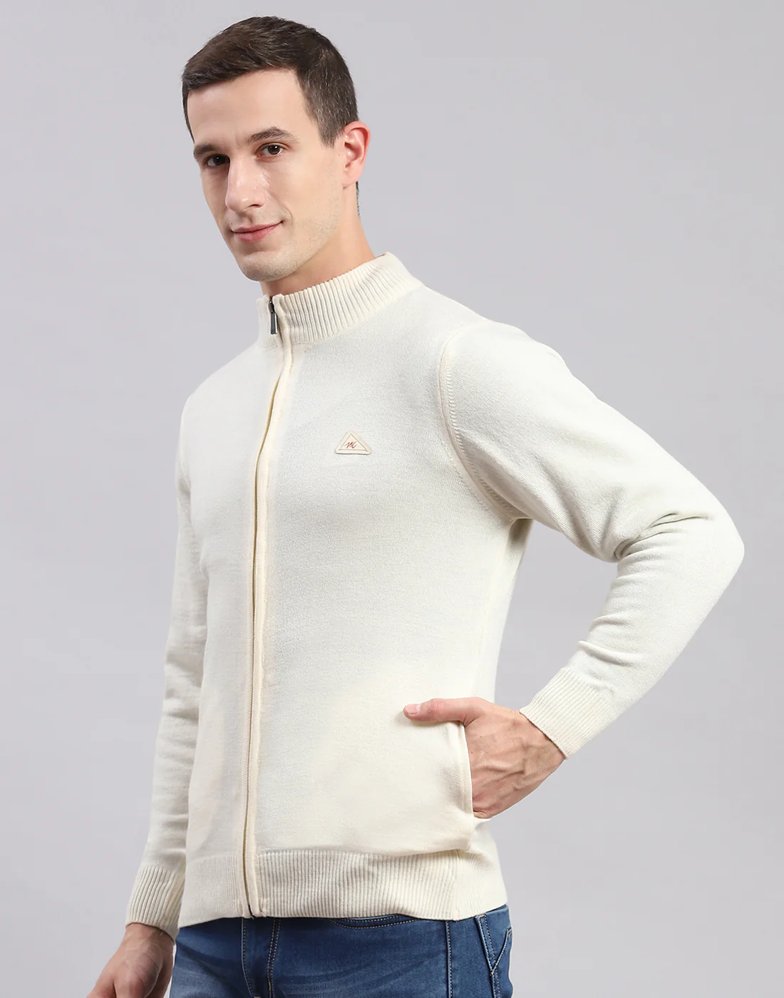 Men Cream Solid Stand Collar Full Sleeve Pullover - Image 2