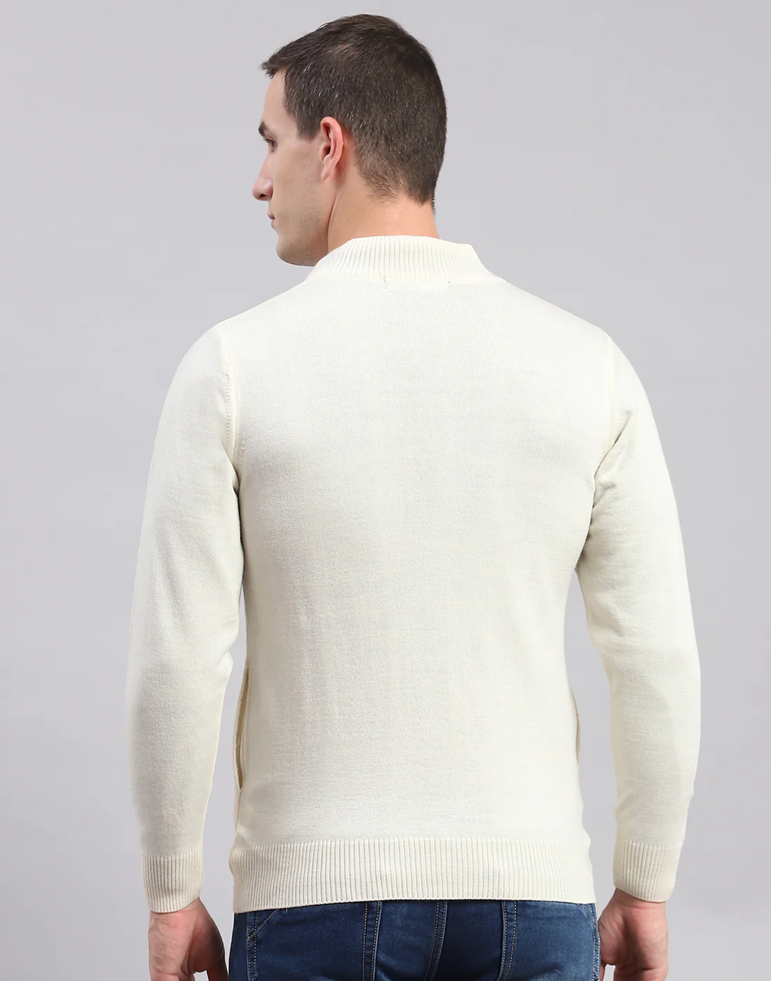 Men Cream Solid Stand Collar Full Sleeve Pullover - Image 4