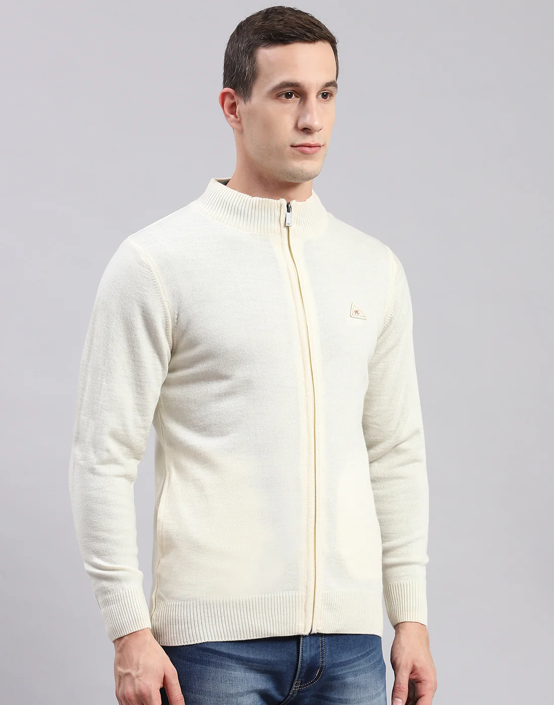 Men Cream Solid Stand Collar Full Sleeve Sweaters/Pullovers - Image 4