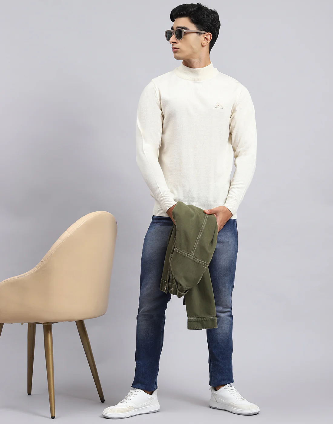 Men Cream Solid Turtle Neck Full Sleeve Pullover - Image 2