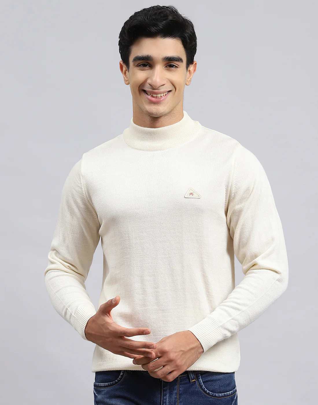 Men Cream Solid Turtle Neck Full Sleeve Pullover - Image 3
