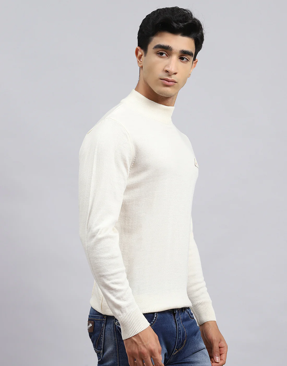Men Cream Solid Turtle Neck Full Sleeve Pullover - Image 4