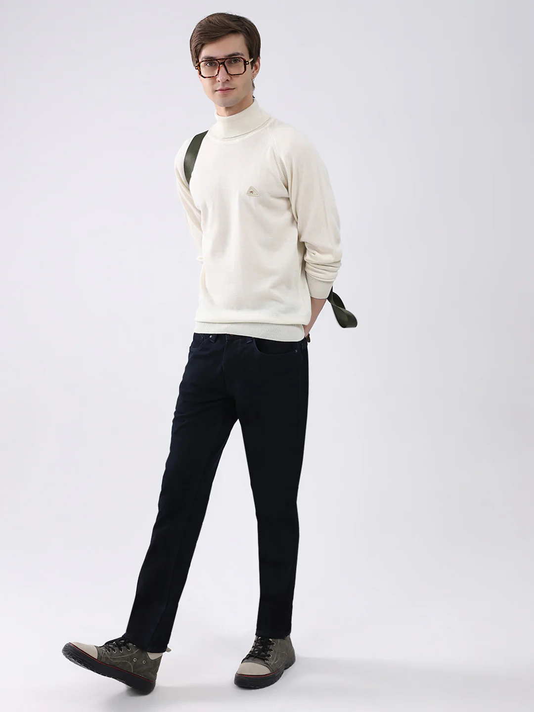 Men Cream Solid Turtle Neck Full Sleeve Pullover - Image 2
