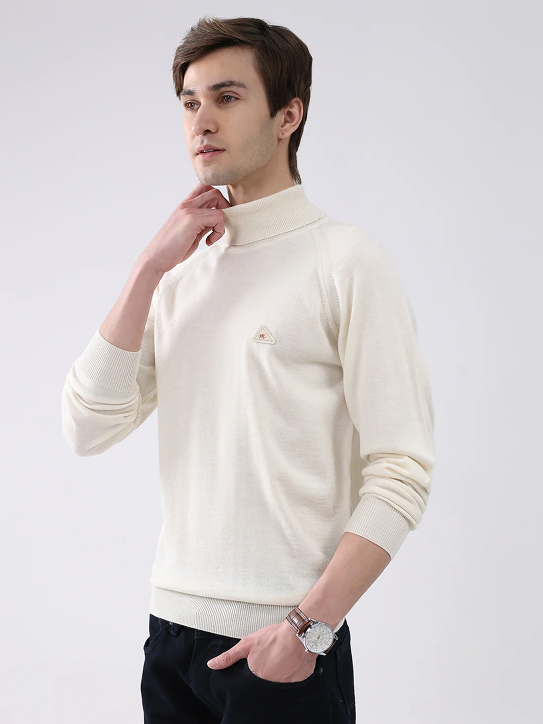 Men Cream Solid Turtle Neck Full Sleeve Pullover - Image 3
