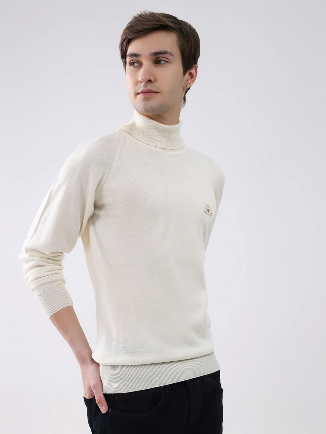 Men Cream Solid Turtle Neck Full Sleeve Pullover - Image 4