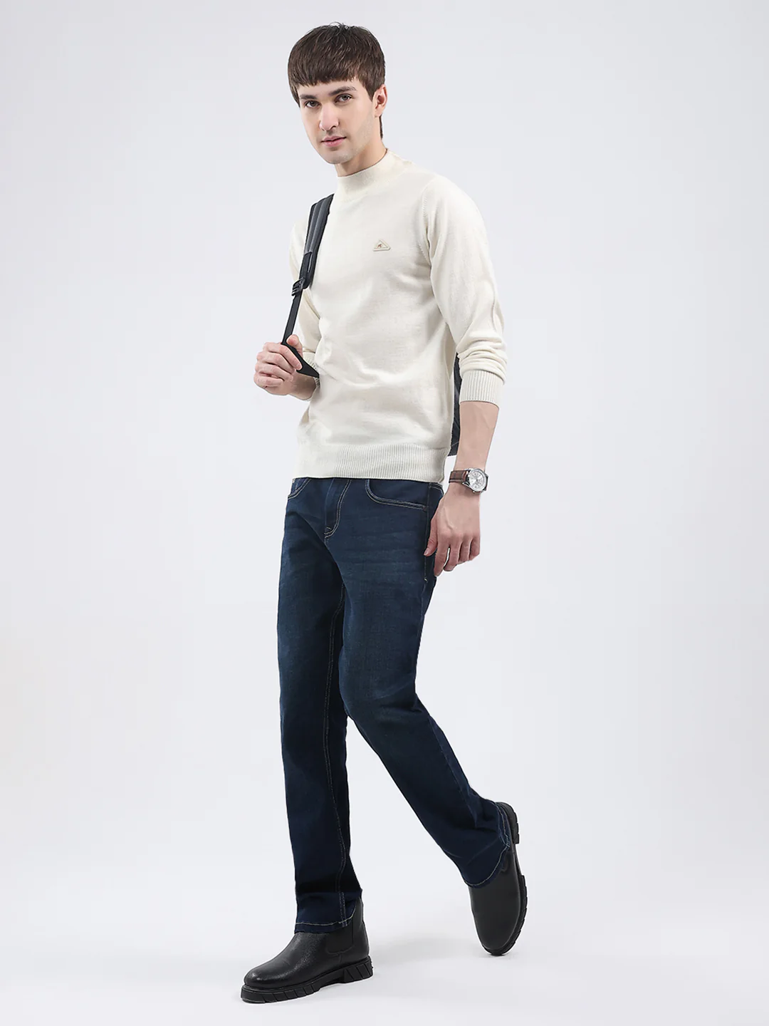 Men Cream Solid Turtle Neck Full Sleeve Pullover - Image 2