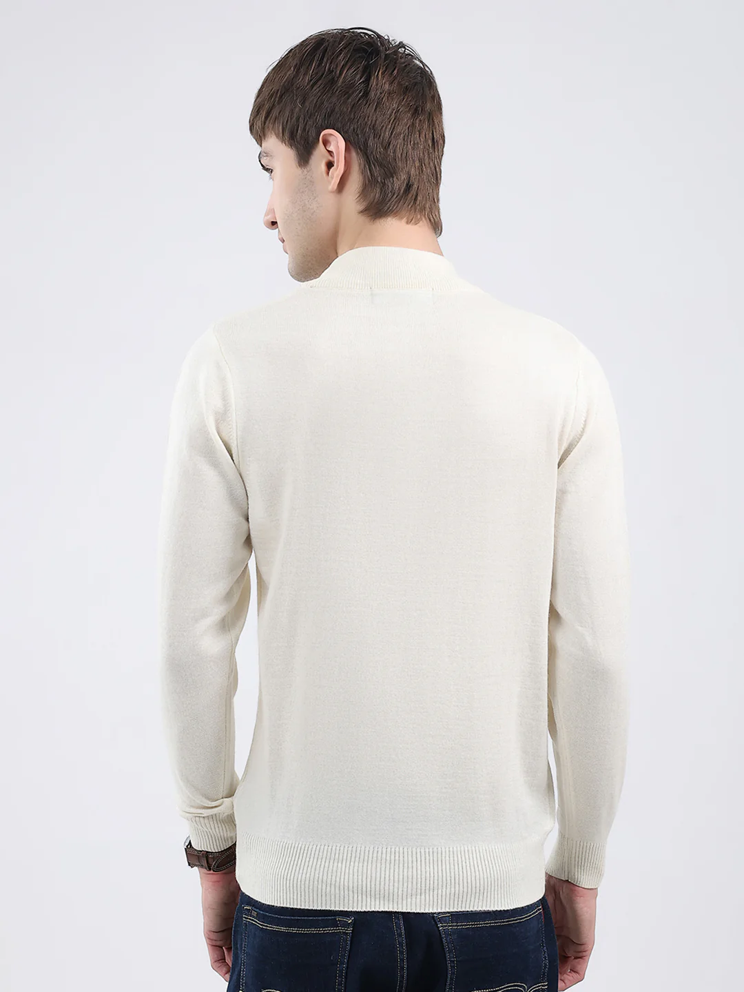 Men Cream Solid Turtle Neck Full Sleeve Pullover - Image 5