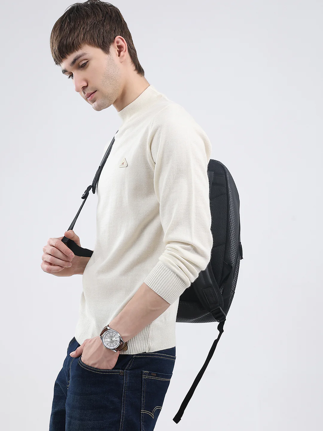 Men Cream Solid Turtle Neck Full Sleeve Pullover - Image 6
