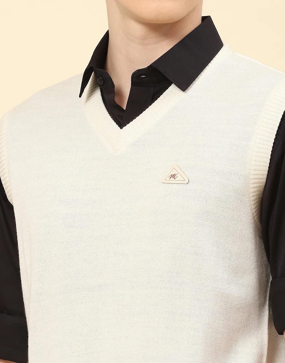 Men Cream Solid V Neck Sleeveless Sweater - Image 6