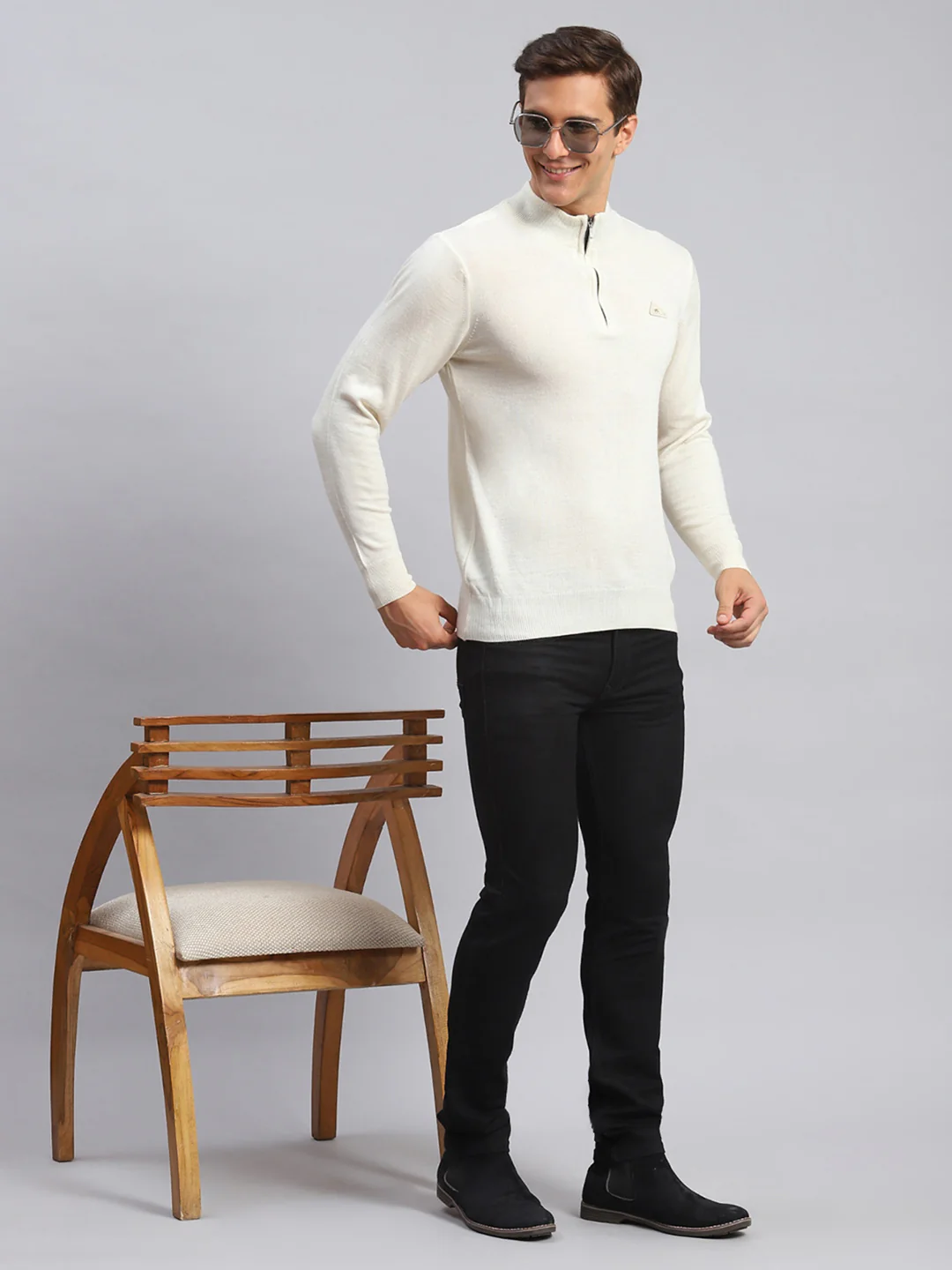 Men Cream Solid Wool blend Pullover - Image 2