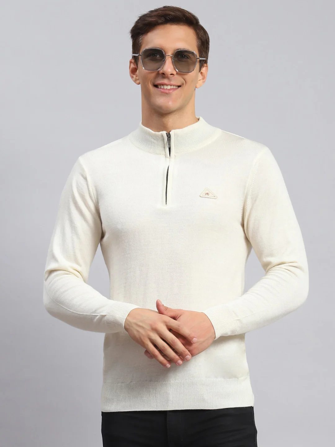 Men Cream Solid Wool blend Pullover - Image 3