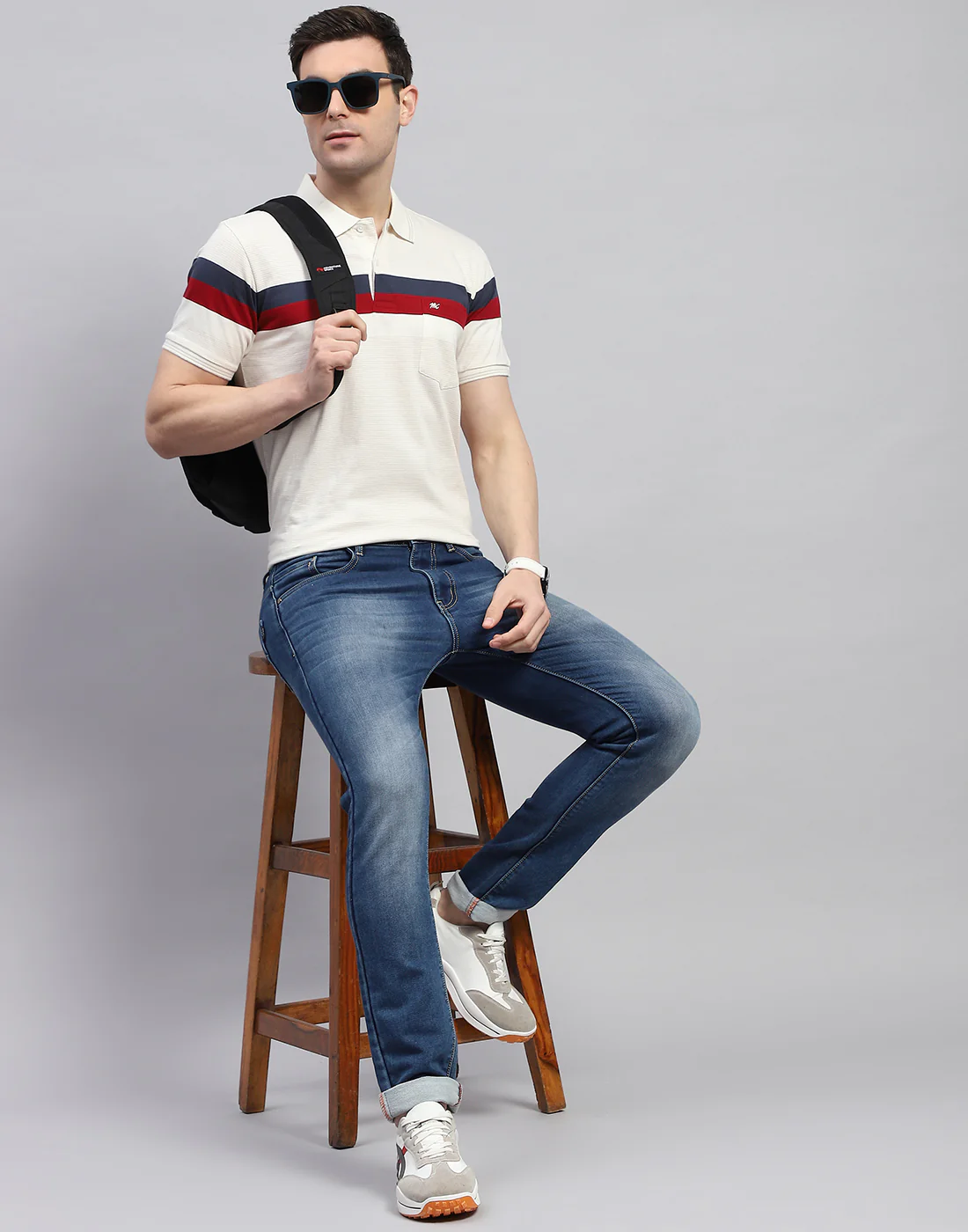 Men Cream Stripe Polo Collar Half Sleeve T-Shirt - Image 2