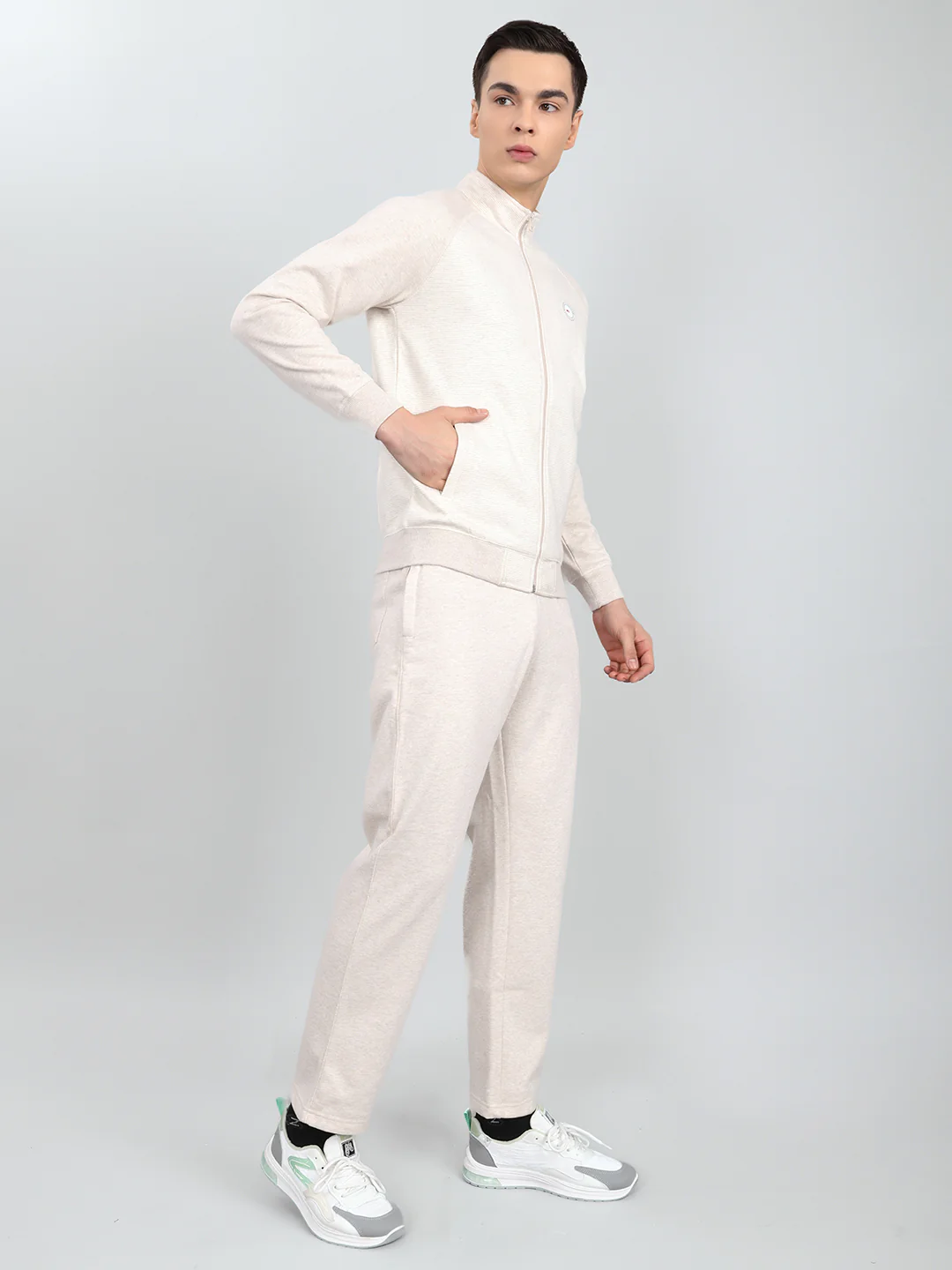 Men Cream Stripe Round Neck Full Sleeve Winter Tracksuit - Image 3
