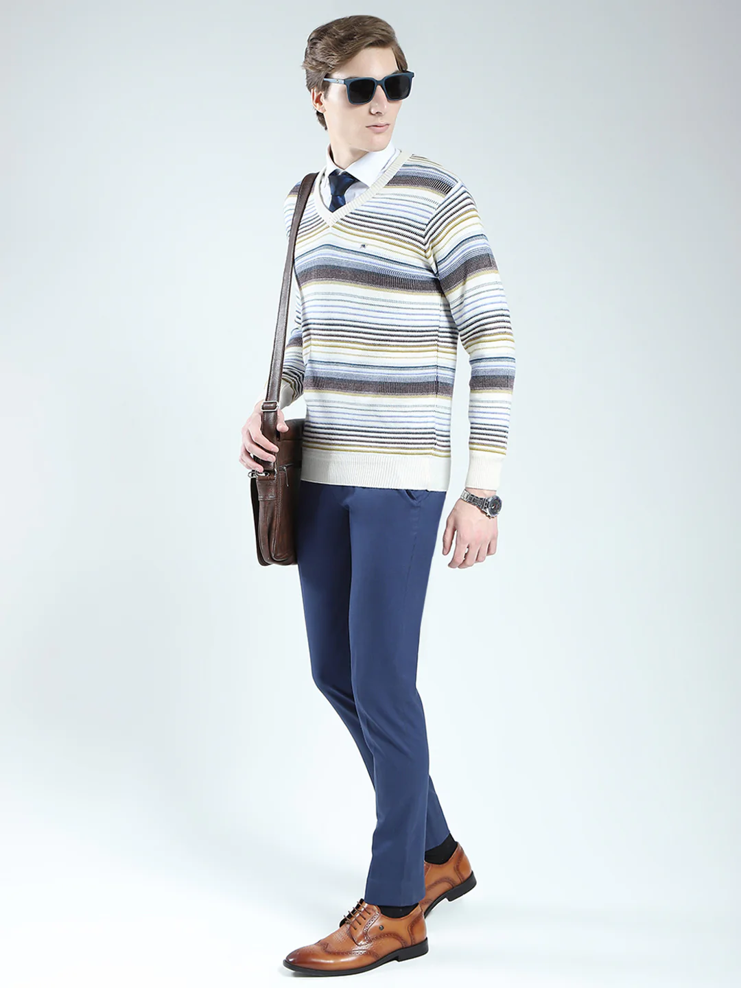 Men Cream Stripe V Neck Full Sleeve Pullover - Image 2