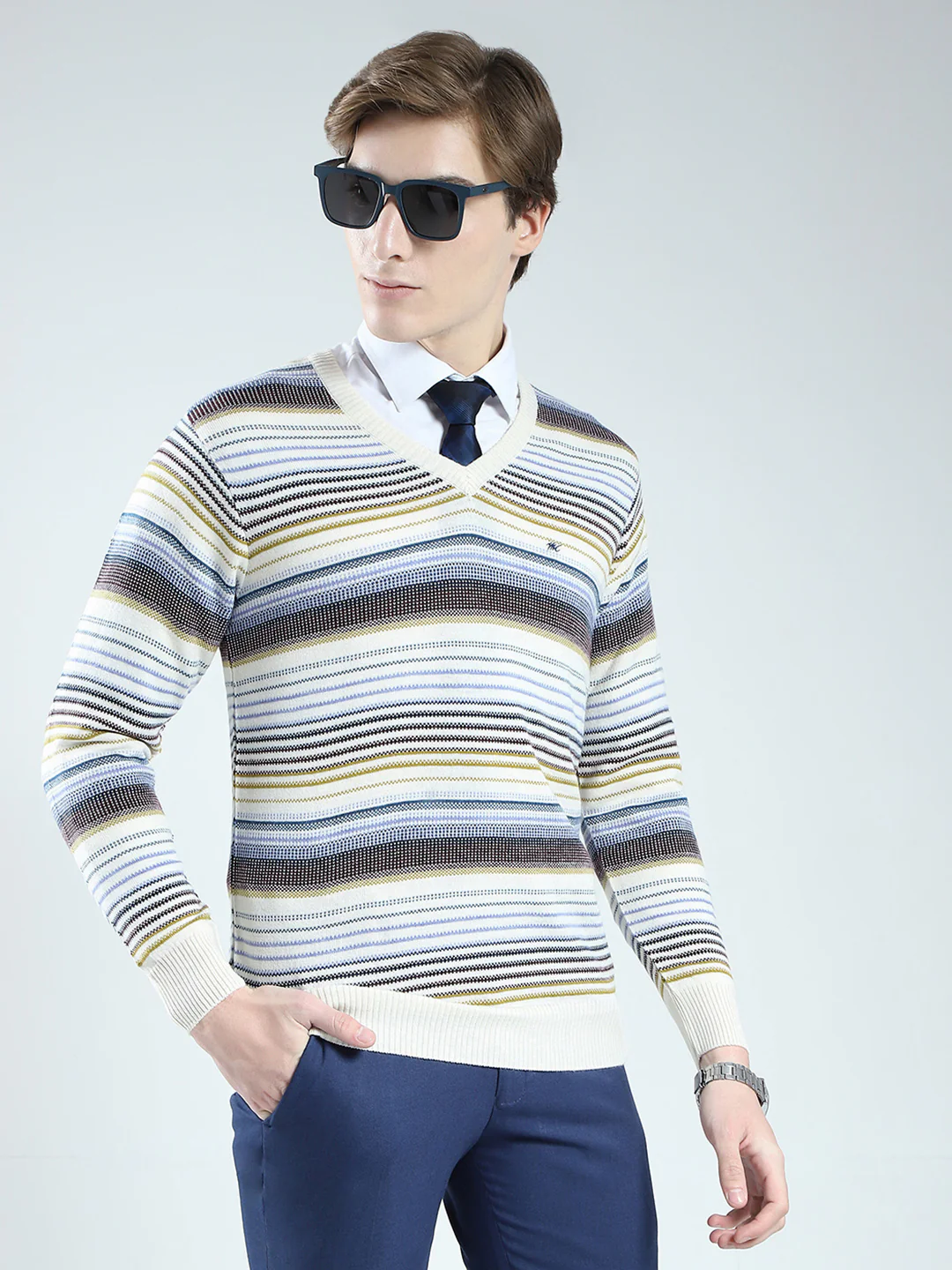 Men Cream Stripe V Neck Full Sleeve Pullover - Image 4