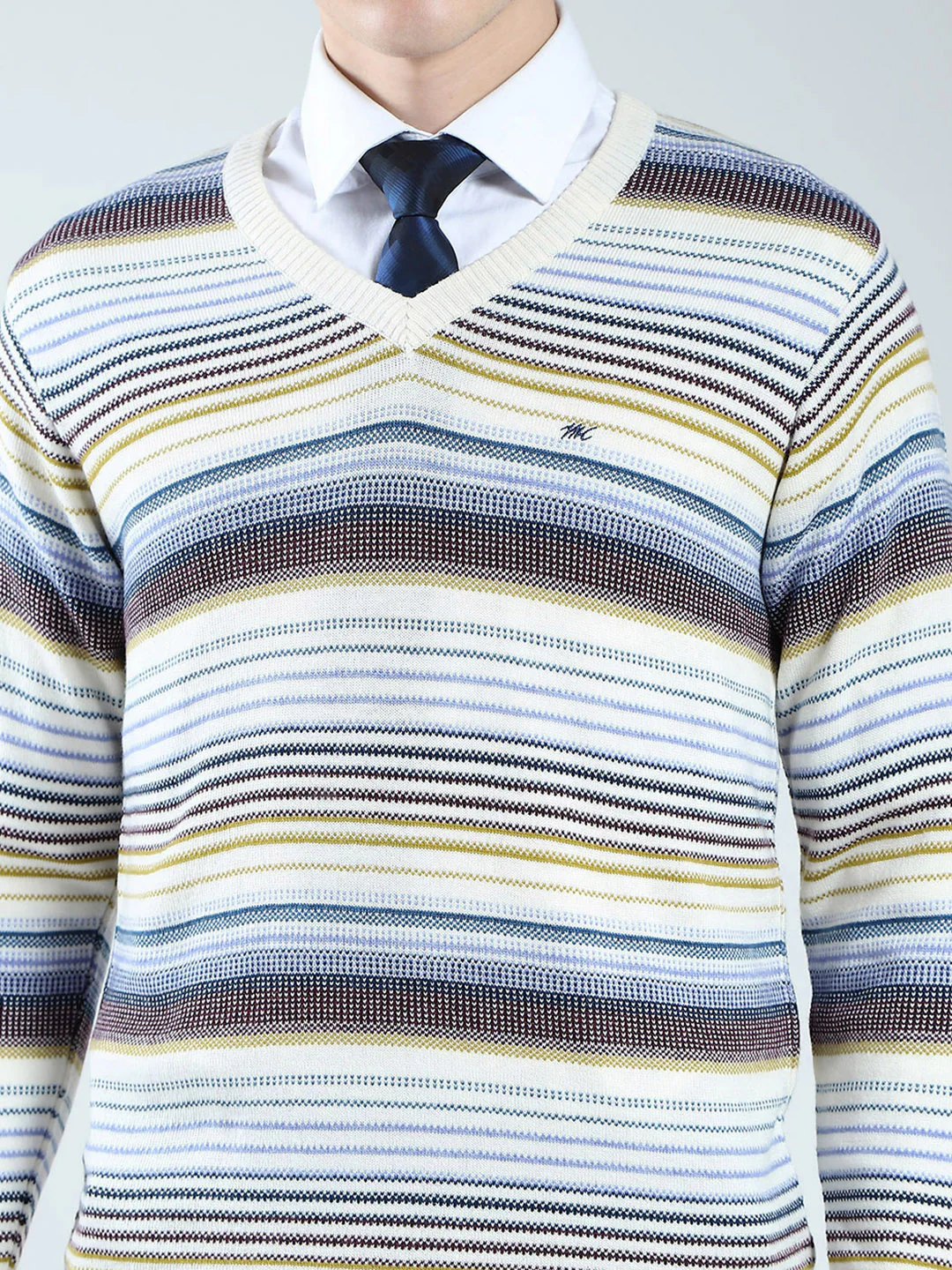 Men Cream Stripe V Neck Full Sleeve Pullover - Image 7