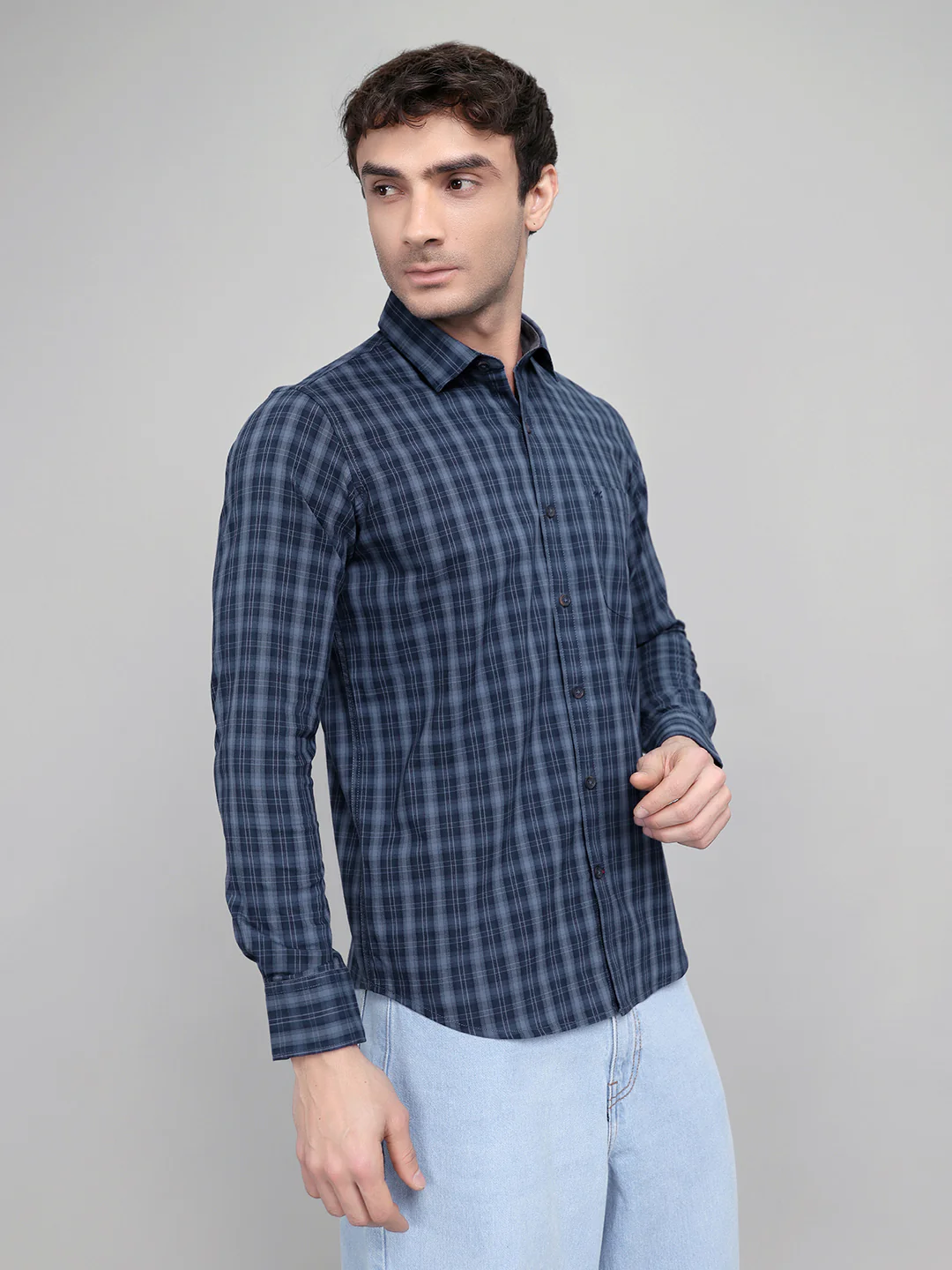 Men Dark Blue Check Collar Full Sleeve Shirt - Image 3