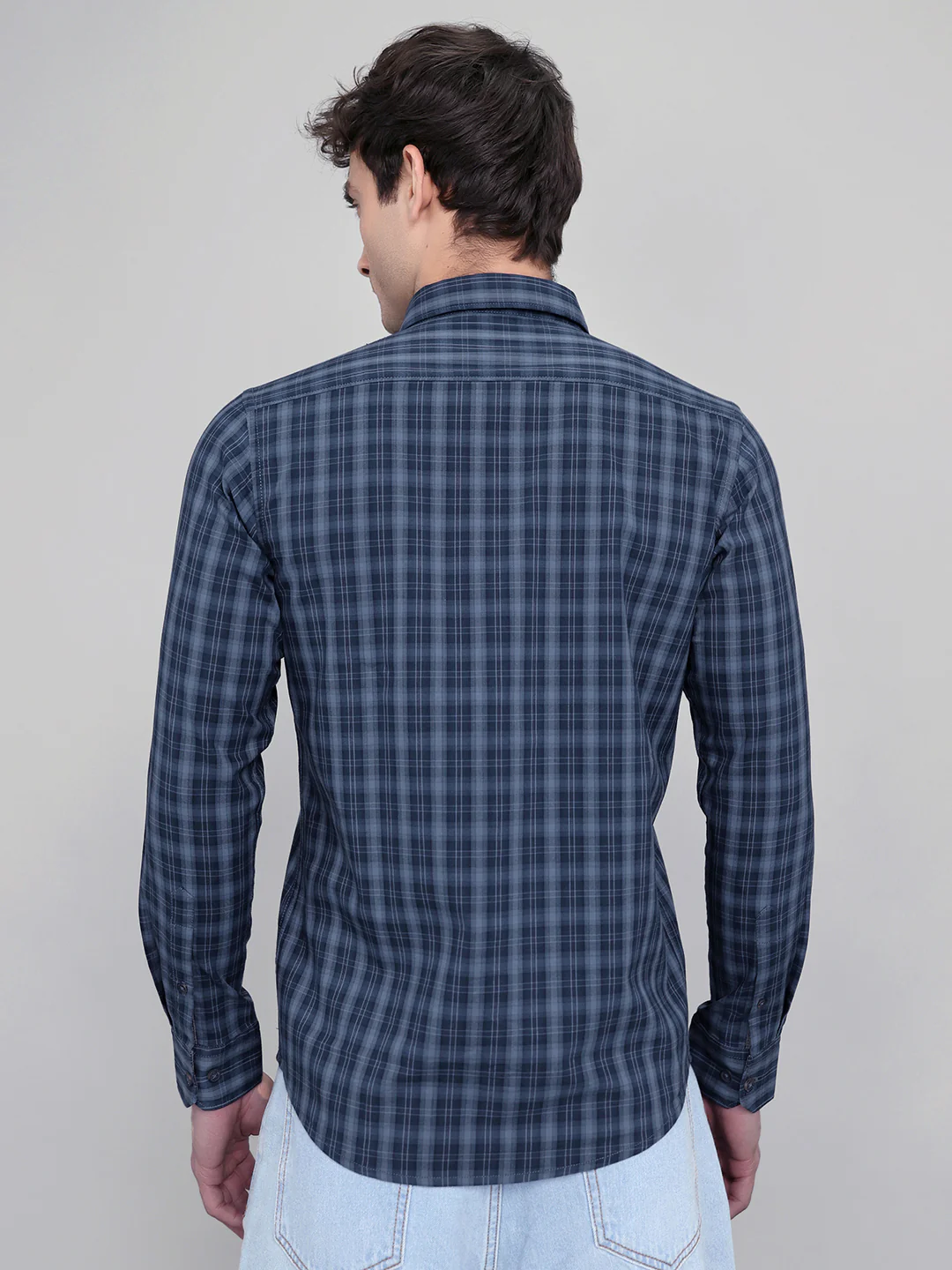 Men Dark Blue Check Collar Full Sleeve Shirt - Image 5