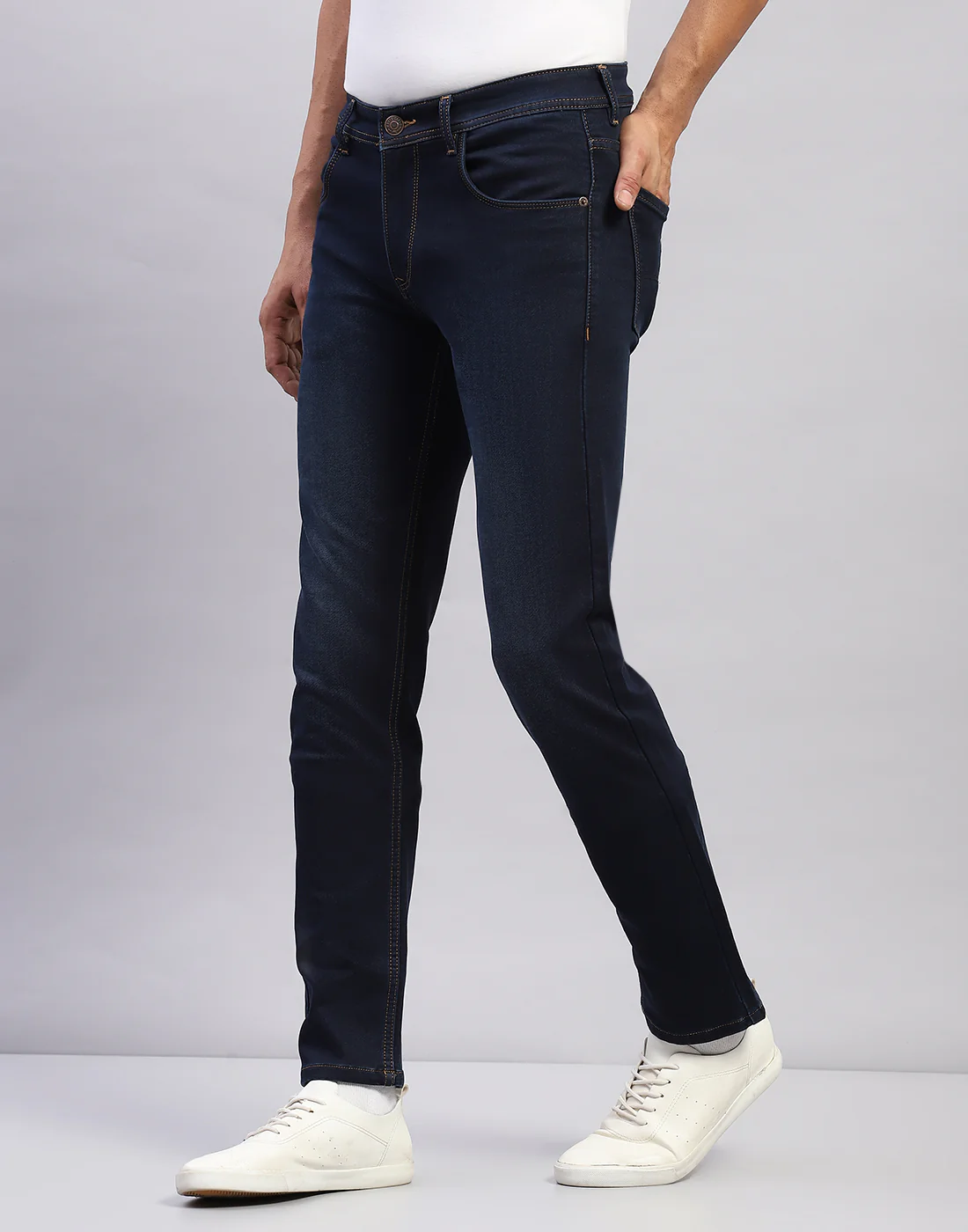 Men Dark Blue Light Wash Narrow Fit Denim - Image 3