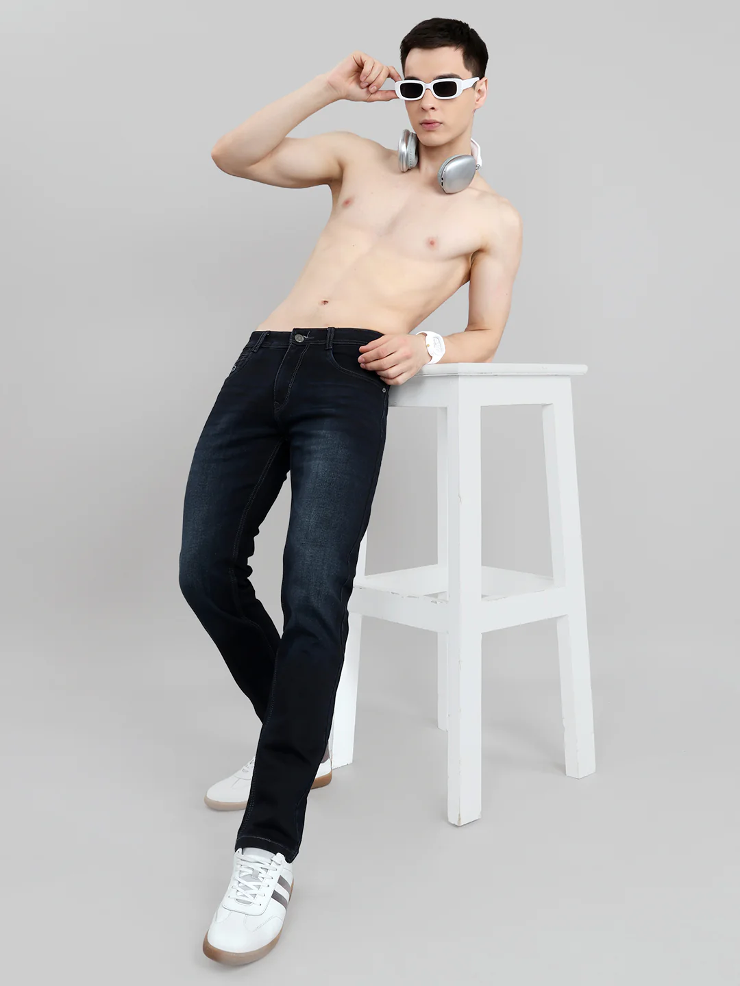 Men Dark Blue Light Wash Narrow Fit Denim - Image 6