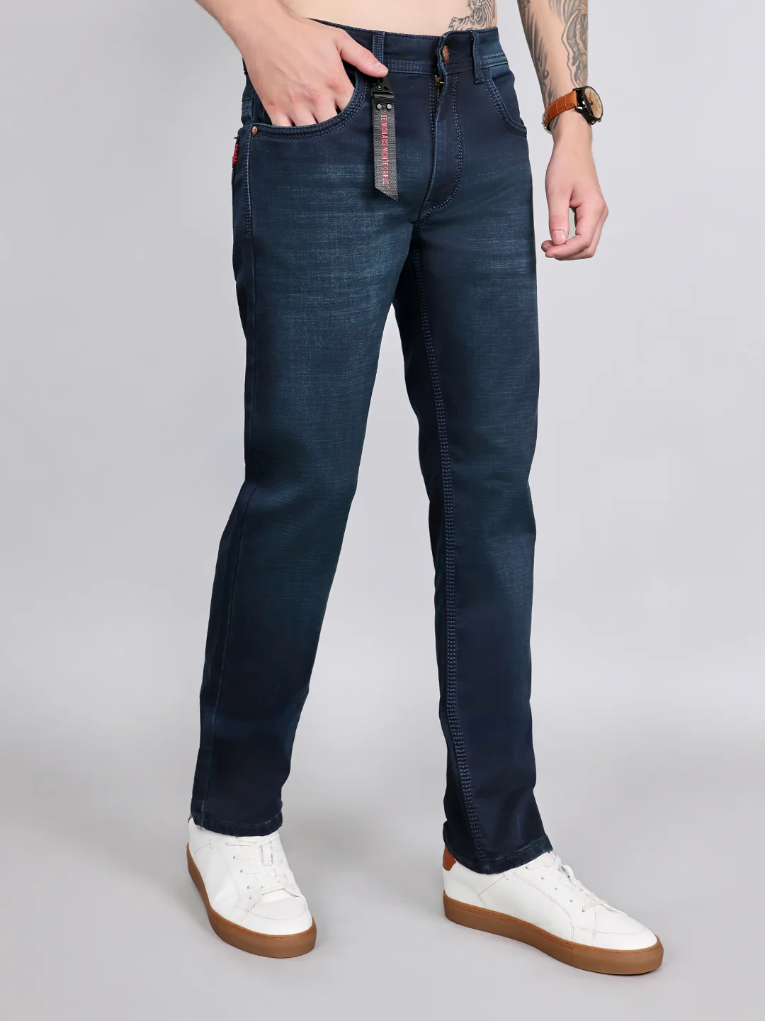 Men Dark Blue Light Wash Slim Fit Denim - Image 3