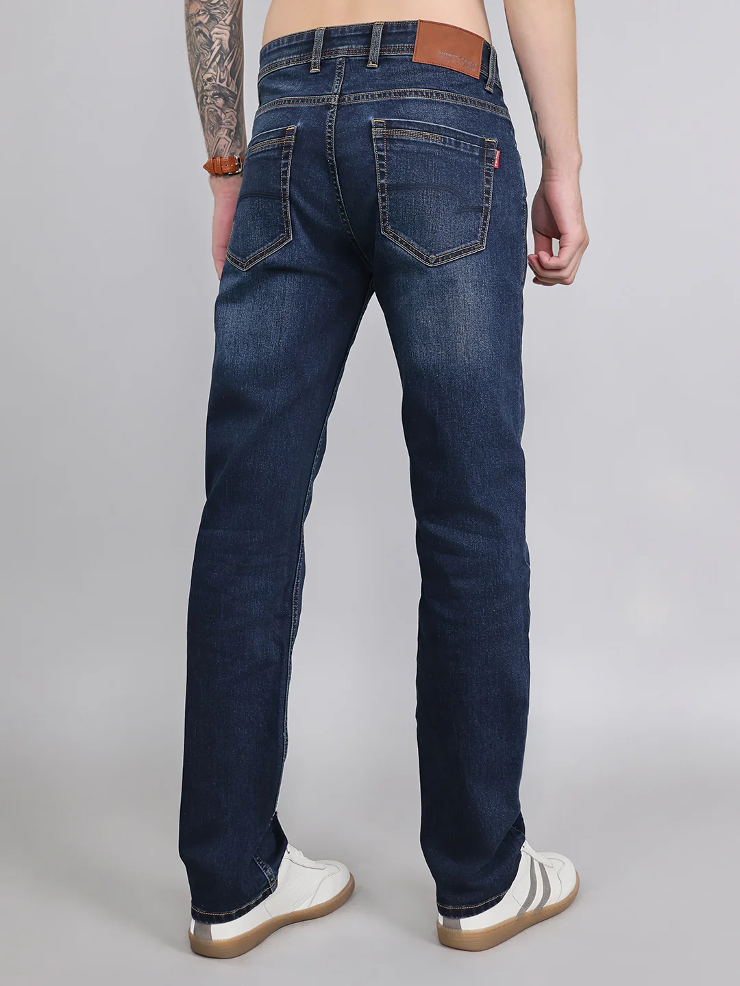 Men Dark Blue Light Wash Straight Fit Denim - Image 4