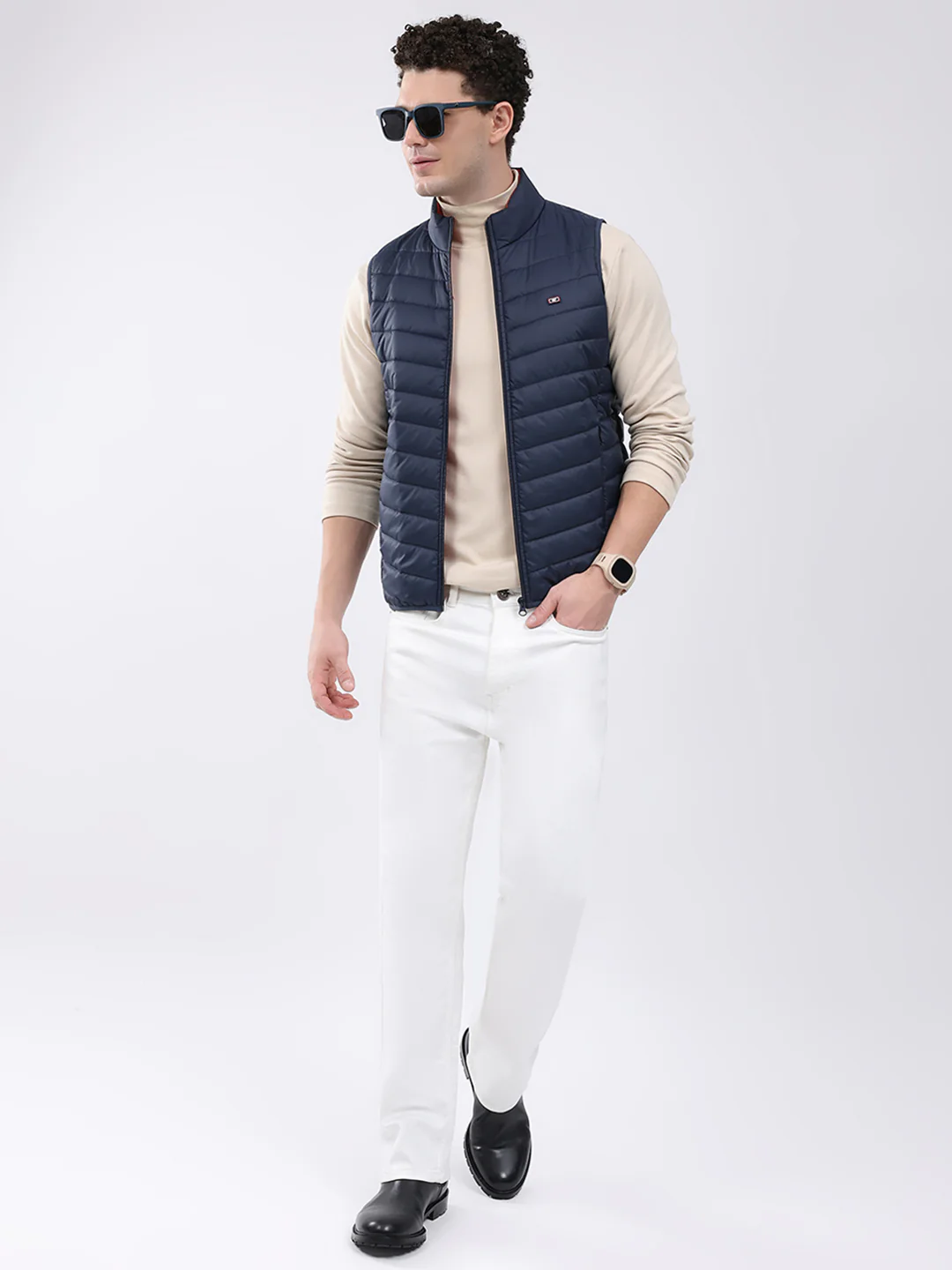 Men Dark Blue Solid Collar Sleeveless Jacket - Image 2