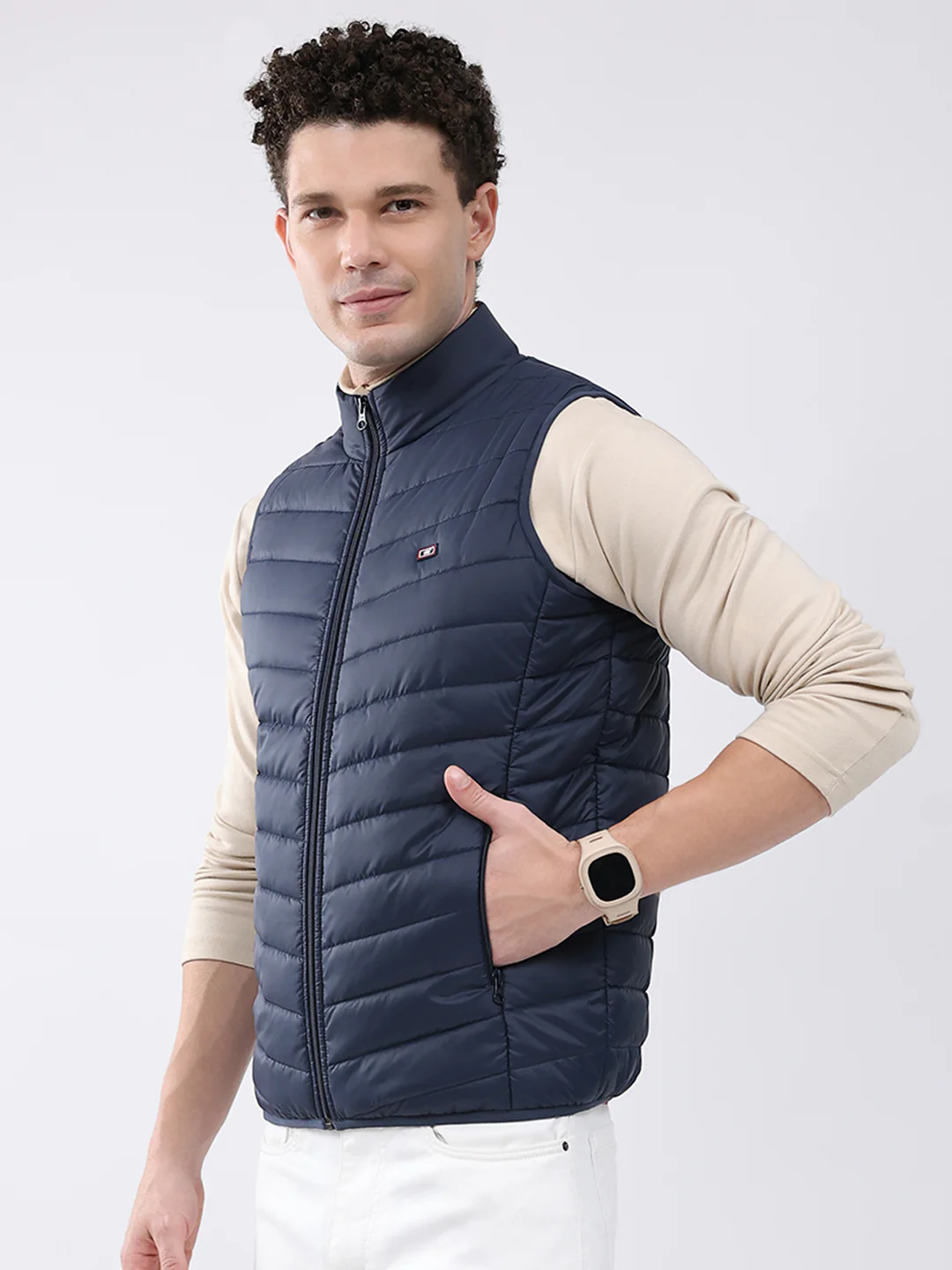 Men Dark Blue Solid Collar Sleeveless Jacket - Image 3