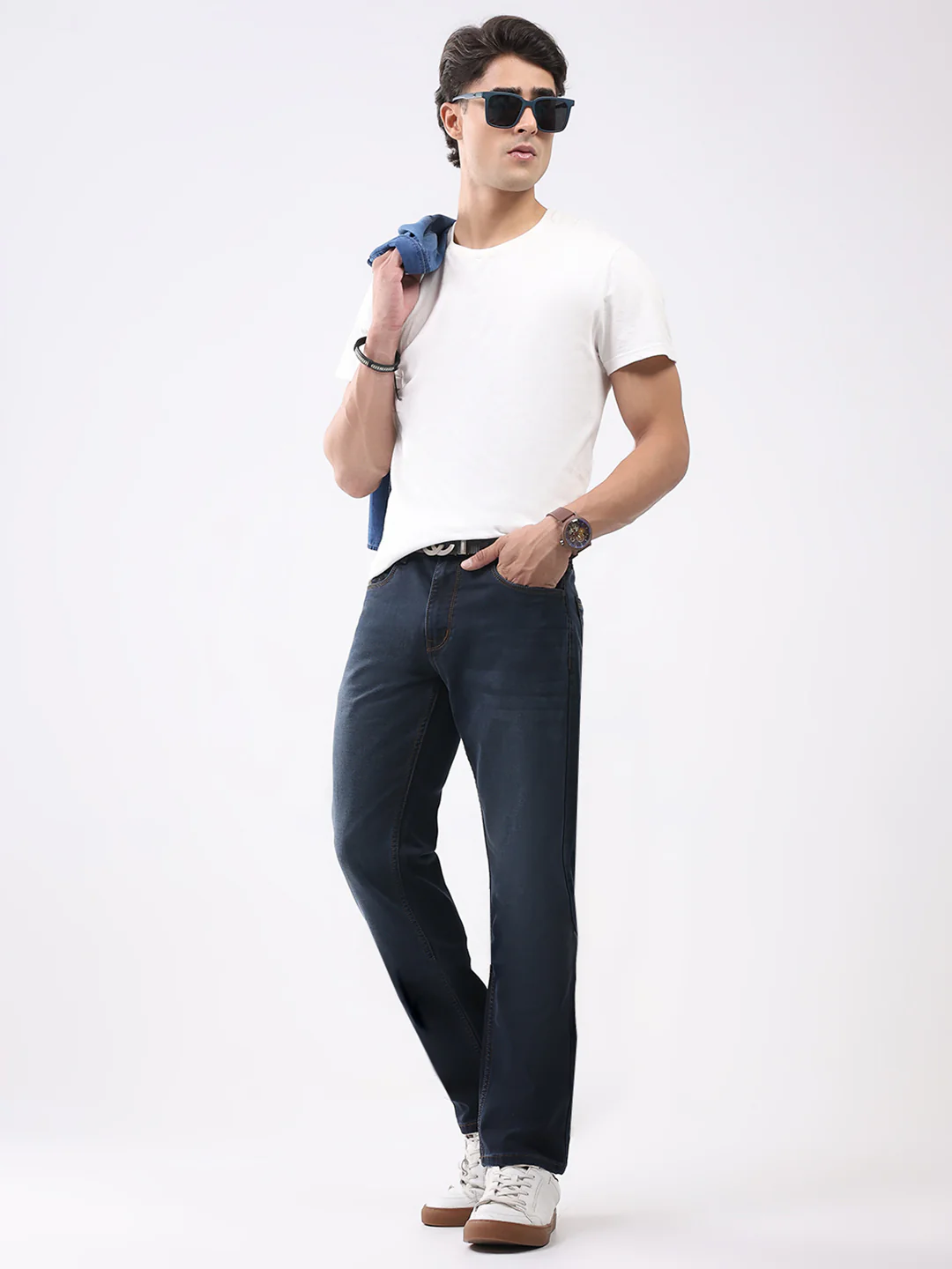 Men Dark Blue Solid Straight Fit Denim - Image 2